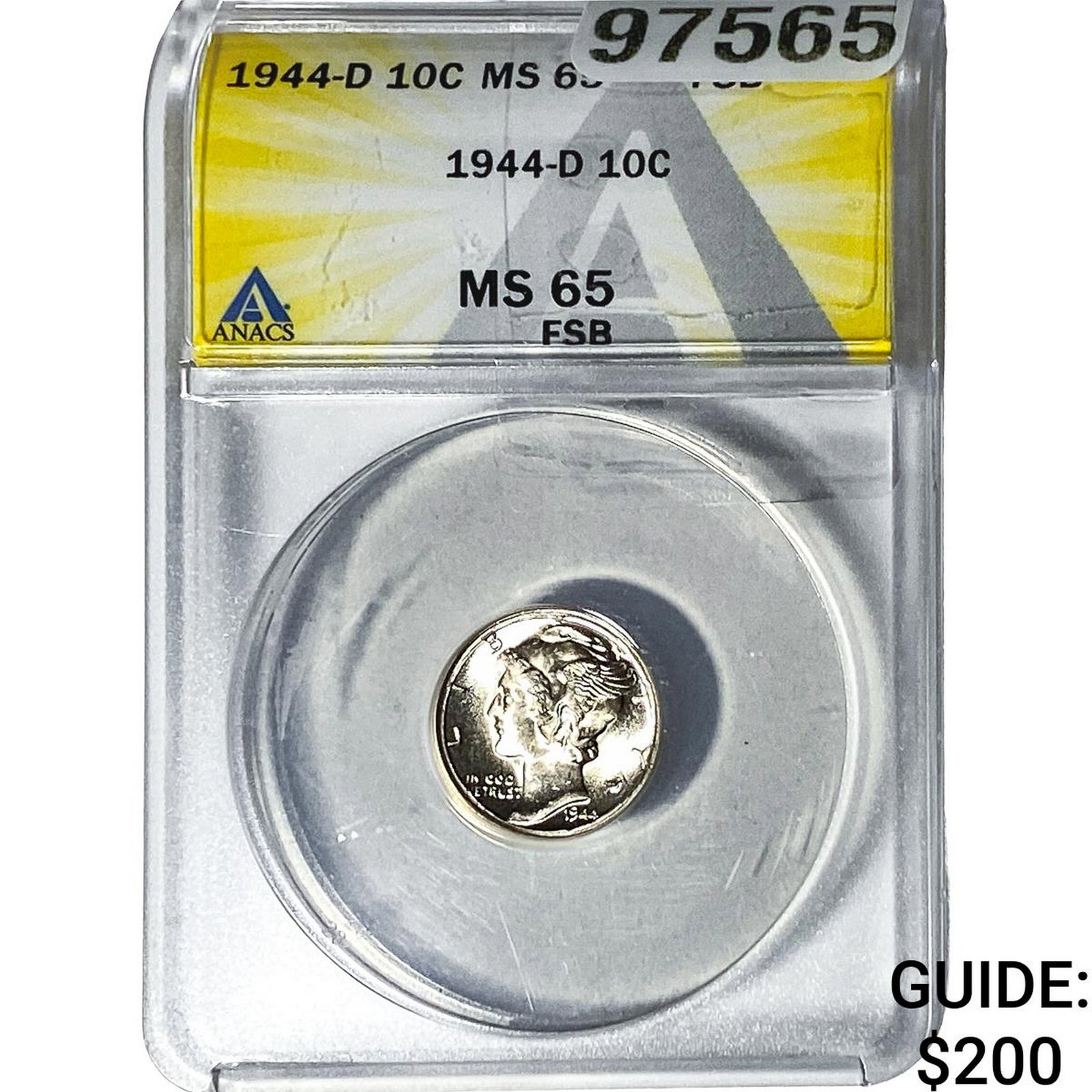 1944-D Mercury Silver Dime ANACS MS65 FSB: 1944-D Mercury Silver Dime ANACS MS65 FSB