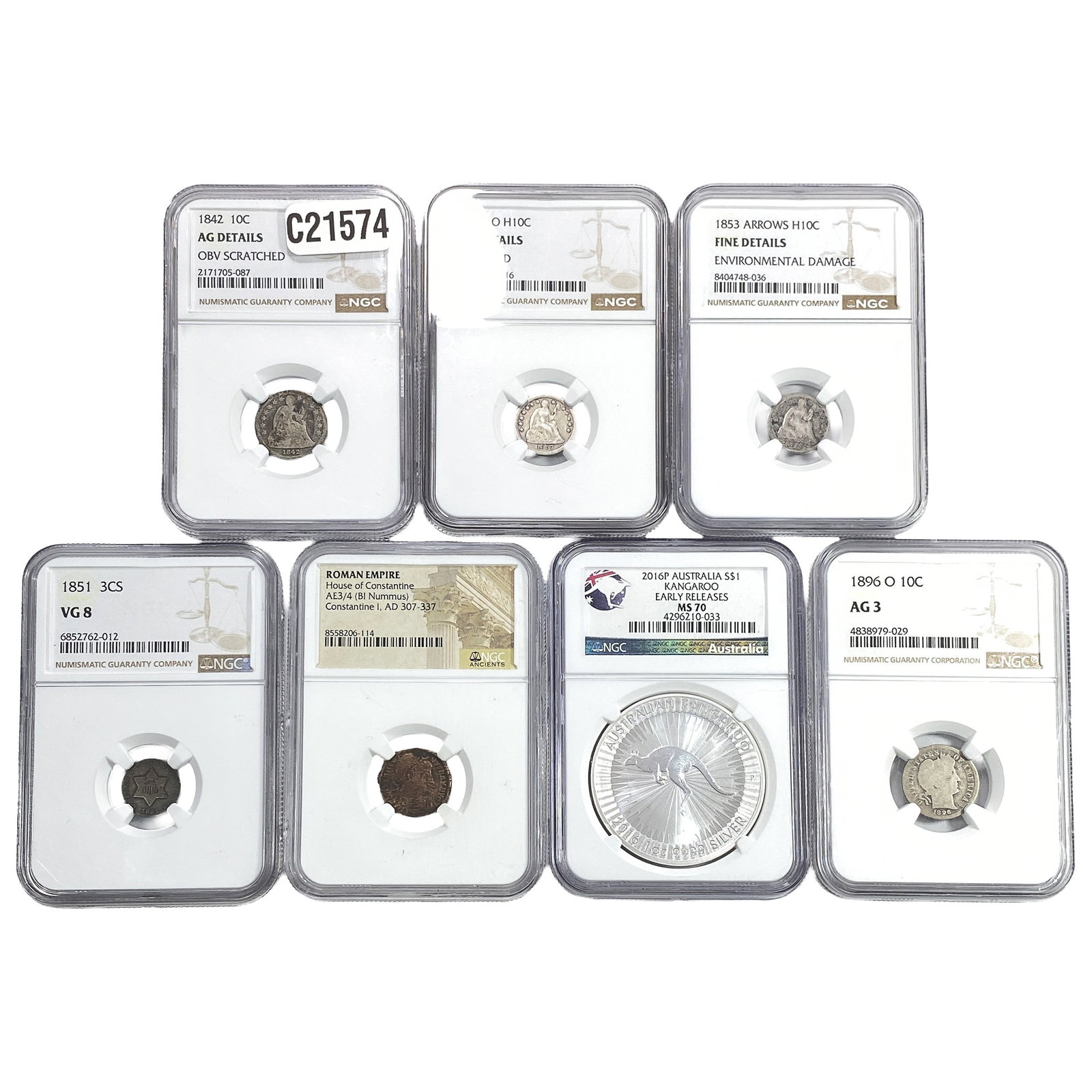 [7 Coins] AD 337-2016 Mixed U.S. Coins w/ Ancient & Austr. Silver Kangaroo 1 oz NGC (1 of 2)