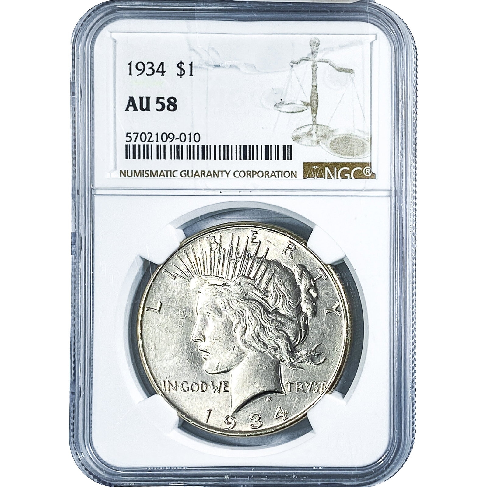1934 Silver Peace Dollar NGC AU58: 1934 Silver Peace Dollar NGC AU58