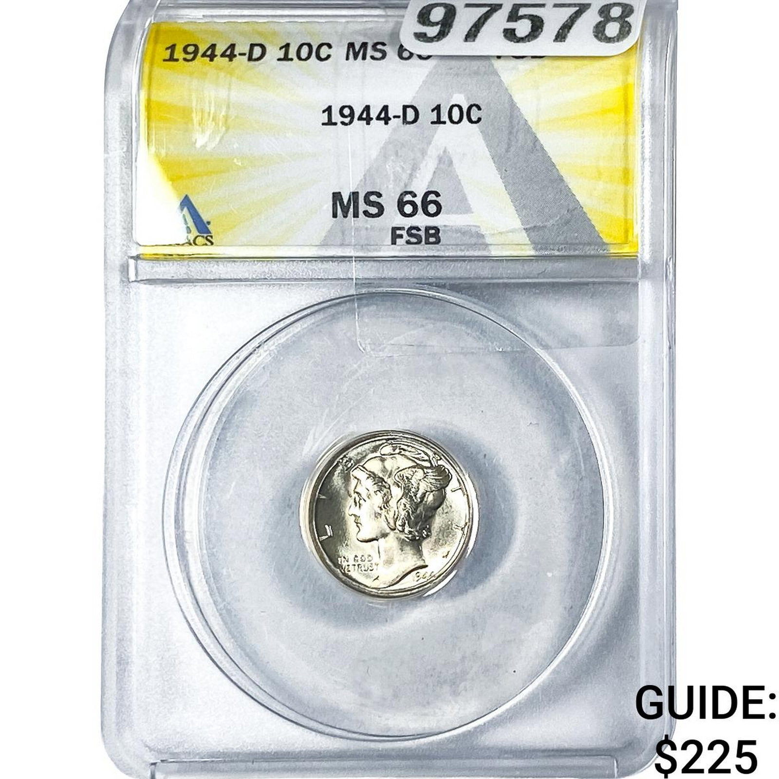 1944-D Mercury Silver Dime ANACS MS66 FSB: 1944-D Mercury Silver Dime ANACS MS66 FSB