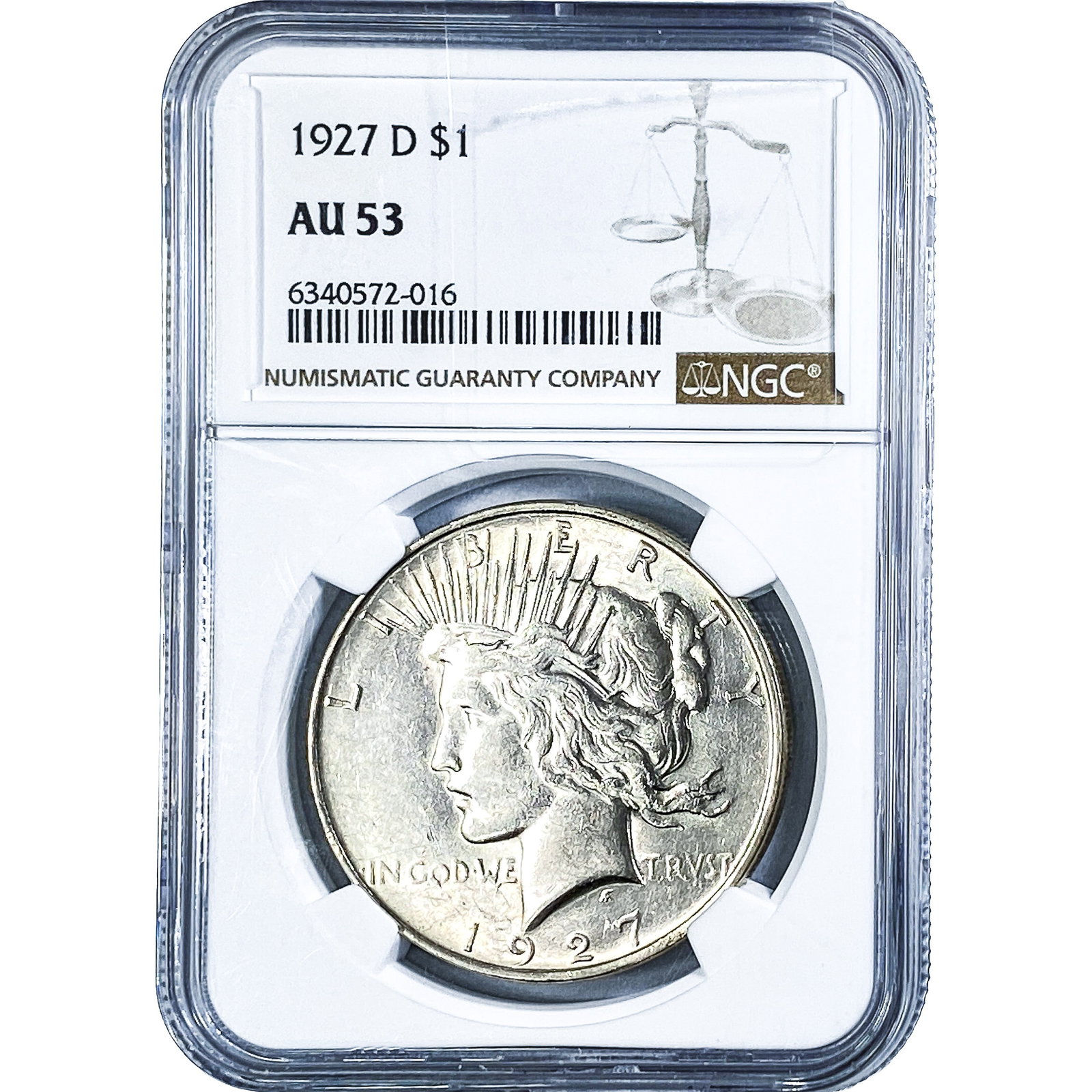 1927-D Silver Peace Dollar NGC AU53: 1927-D Silver Peace Dollar NGC AU53