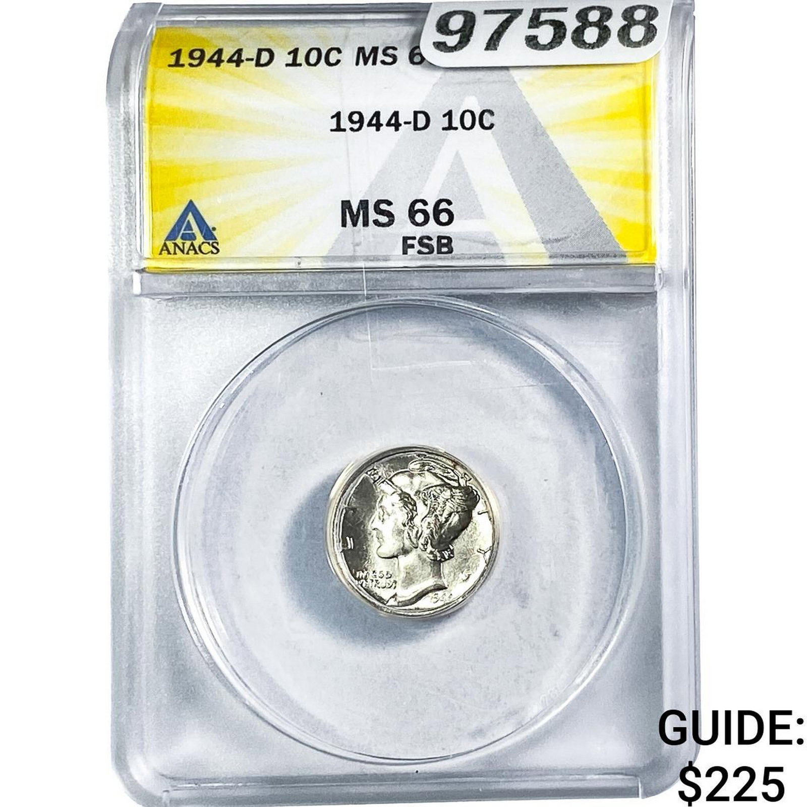 1944-D Mercury Silver Dime ANACS MS66 FSB: 1944-D Mercury Silver Dime ANACS MS66 FSB