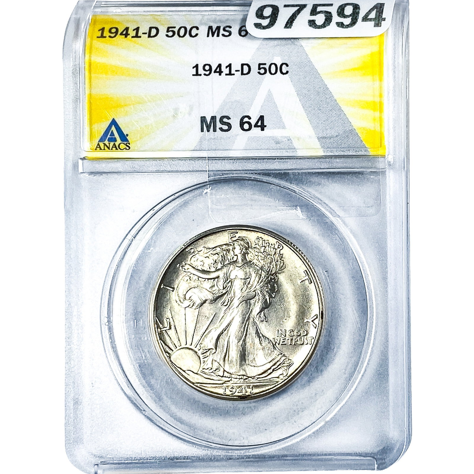 1941-D Walking Liberty Half Dollar ANACS MS64: 1941-D Walking Liberty Half Dollar ANACS MS64