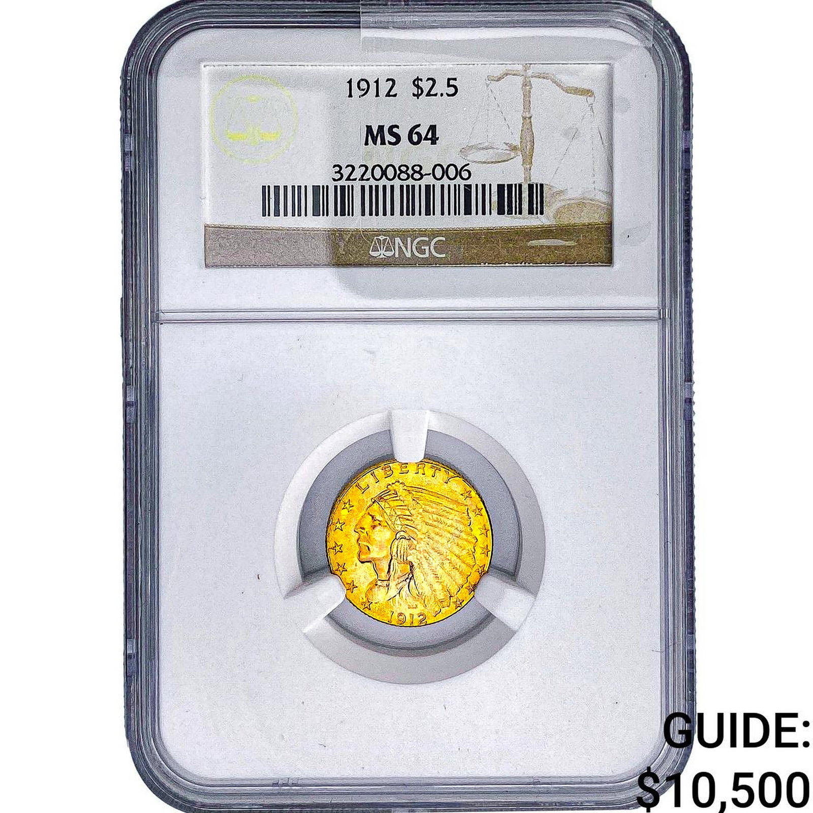1912 $2.50 Gold Quarter Eagle NGC MS64: 1912 $2.50 Gold Quarter Eagle NGC MS64