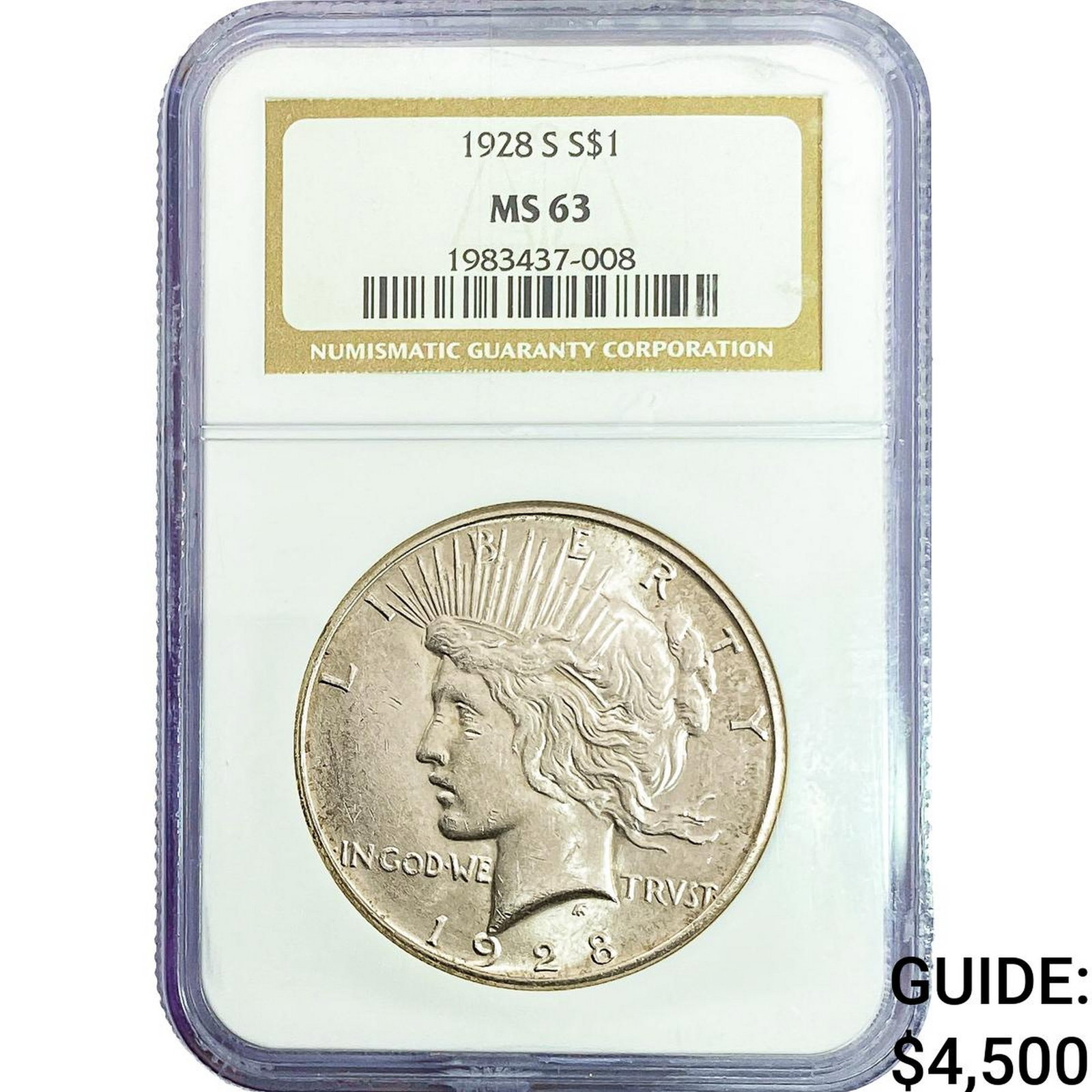 1928-S Silver Peace Dollar NGC MS63: 1928-S Silver Peace Dollar NGC MS63