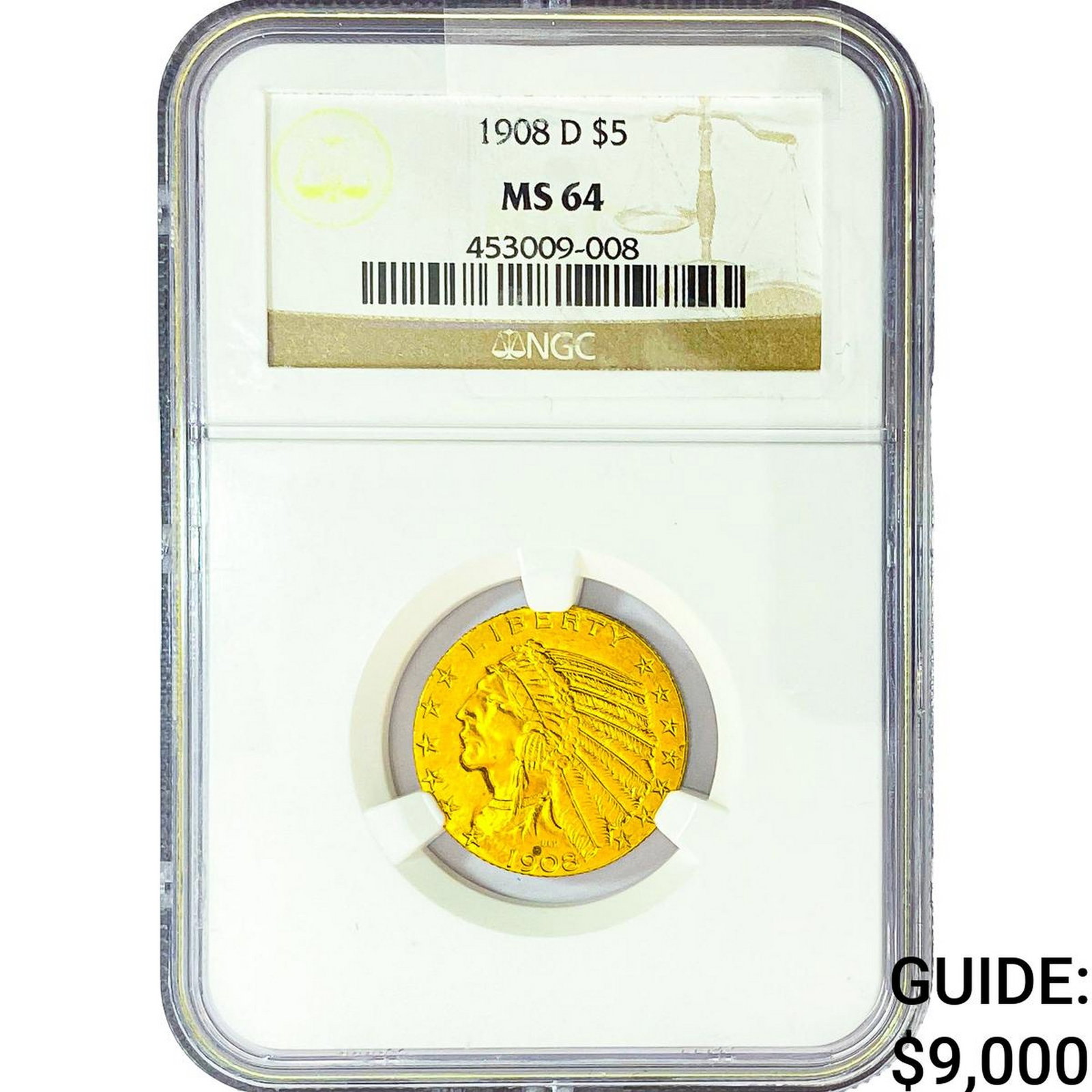 1908-D $5 Gold Half Eagle NGC MS64: 1908-D $5 Gold Half Eagle NGC MS64