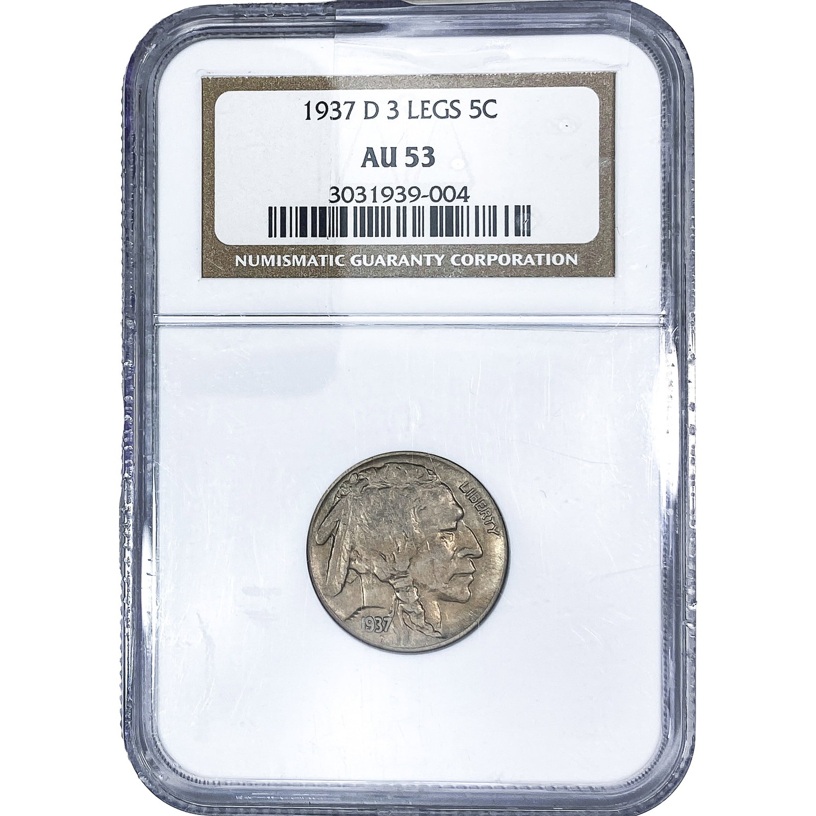 1937-D Buffalo Nickel NGC AU53 3 Legs: 1937-D Buffalo Nickel NGC AU53 3 Legs