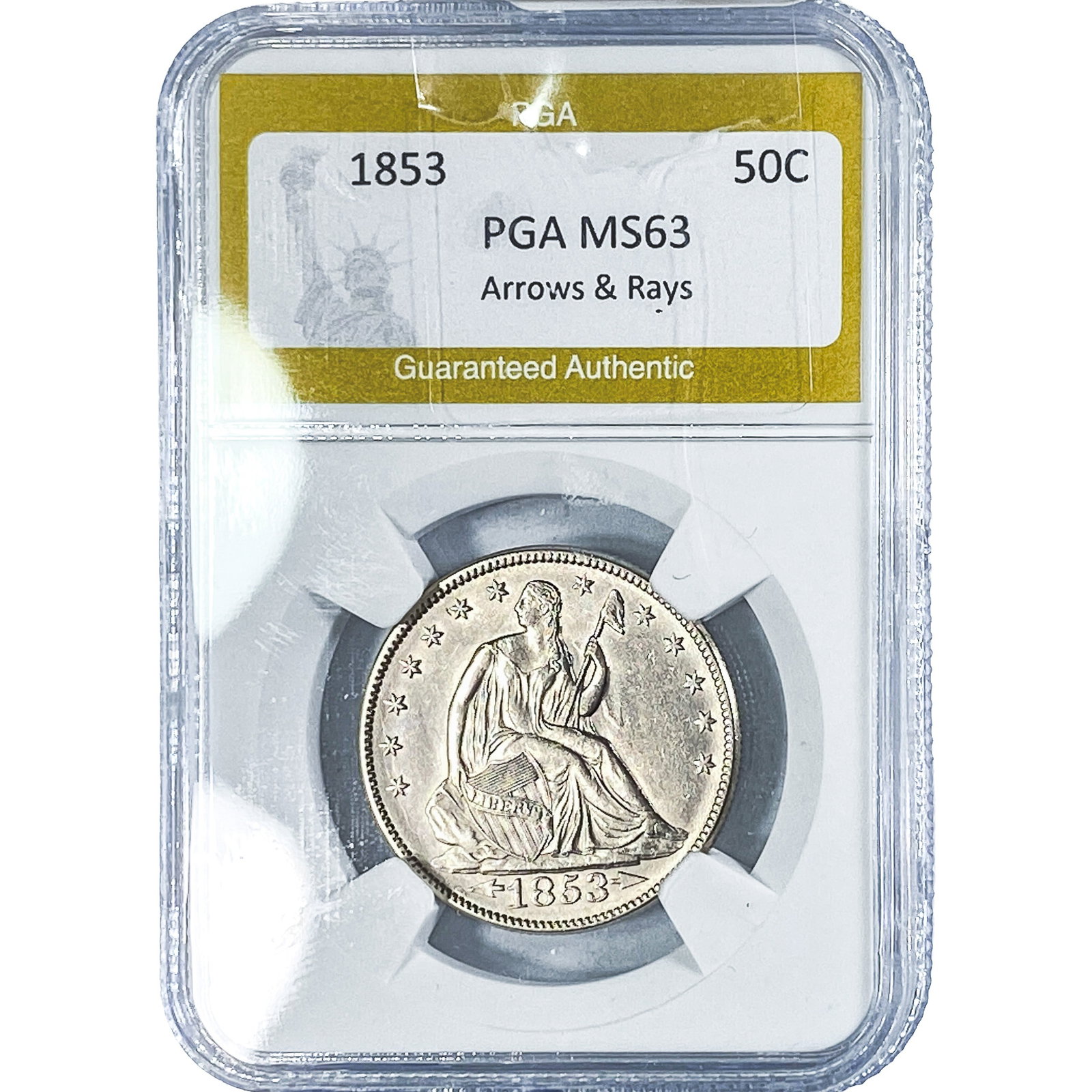1853 Seated Liberty Half Dollar PGA MS63 Arrows & Rays: 1853 Seated Liberty Half Dollar PGA MS63 Arrows & Rays