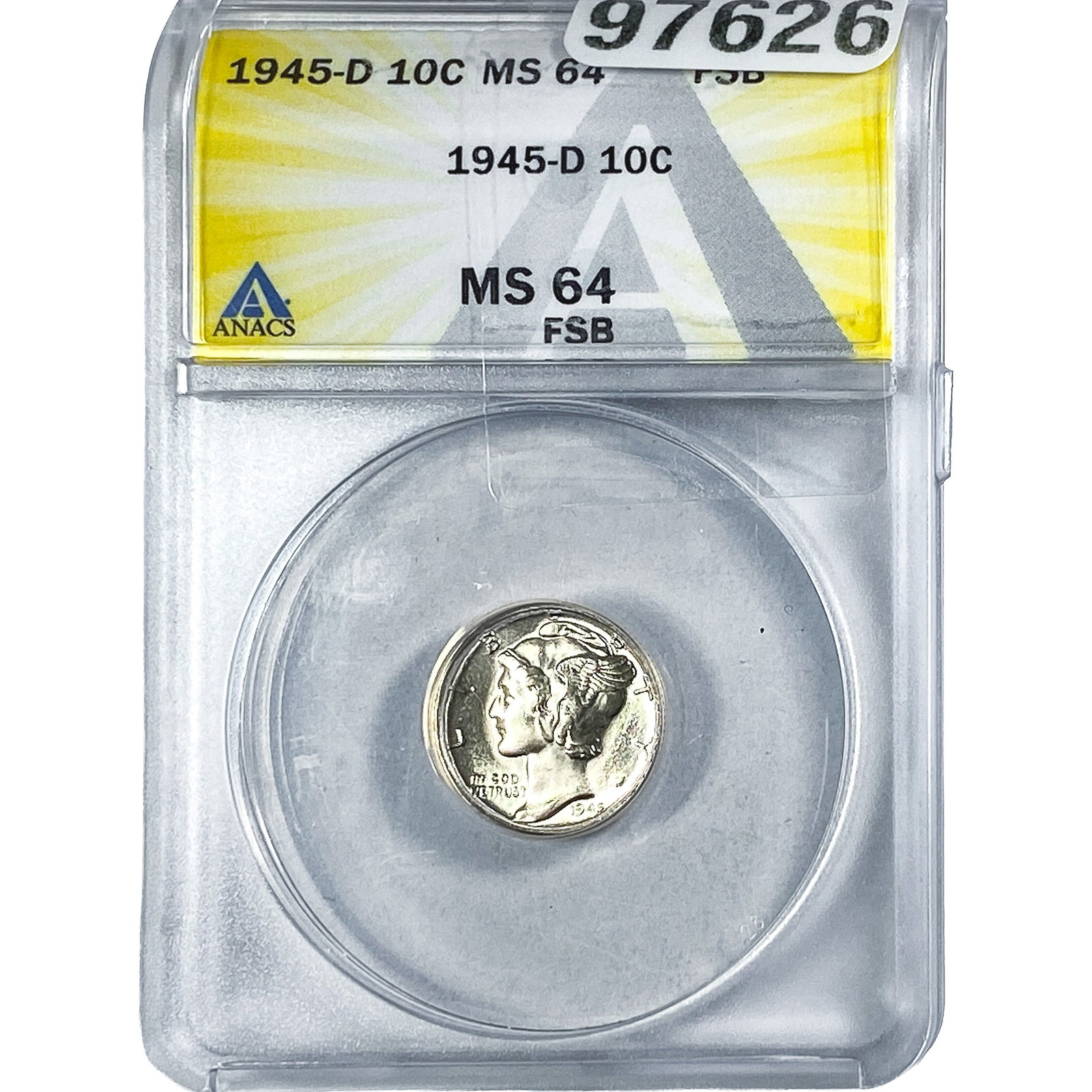 1945-D Mercury Silver Dime ANACS MS64 FSB: 1945-D Mercury Silver Dime ANACS MS64 FSB