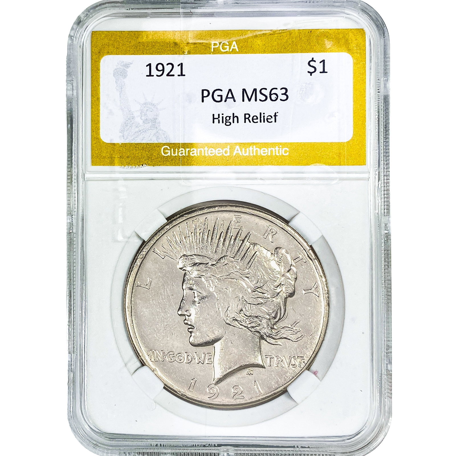 1921 Silver Peace Dollar PGA MS63 High Relief: 1921 Silver Peace Dollar PGA MS63 High Relief
