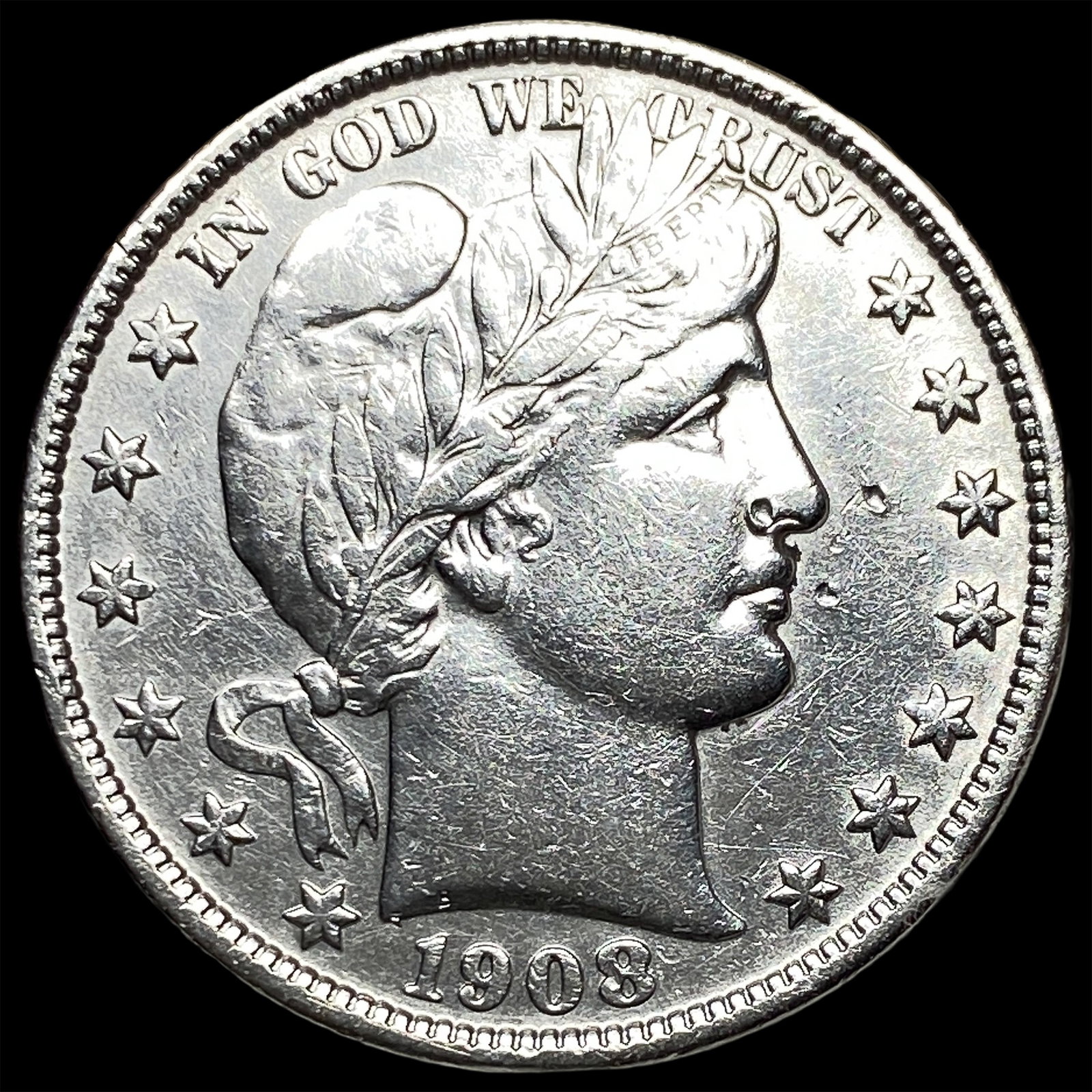 1908-D Silver Barber Half Dollar ABOUT UNCIRCULATED: 1908-D Silver Barber Half Dollar ABOUT UNCIRCULATED