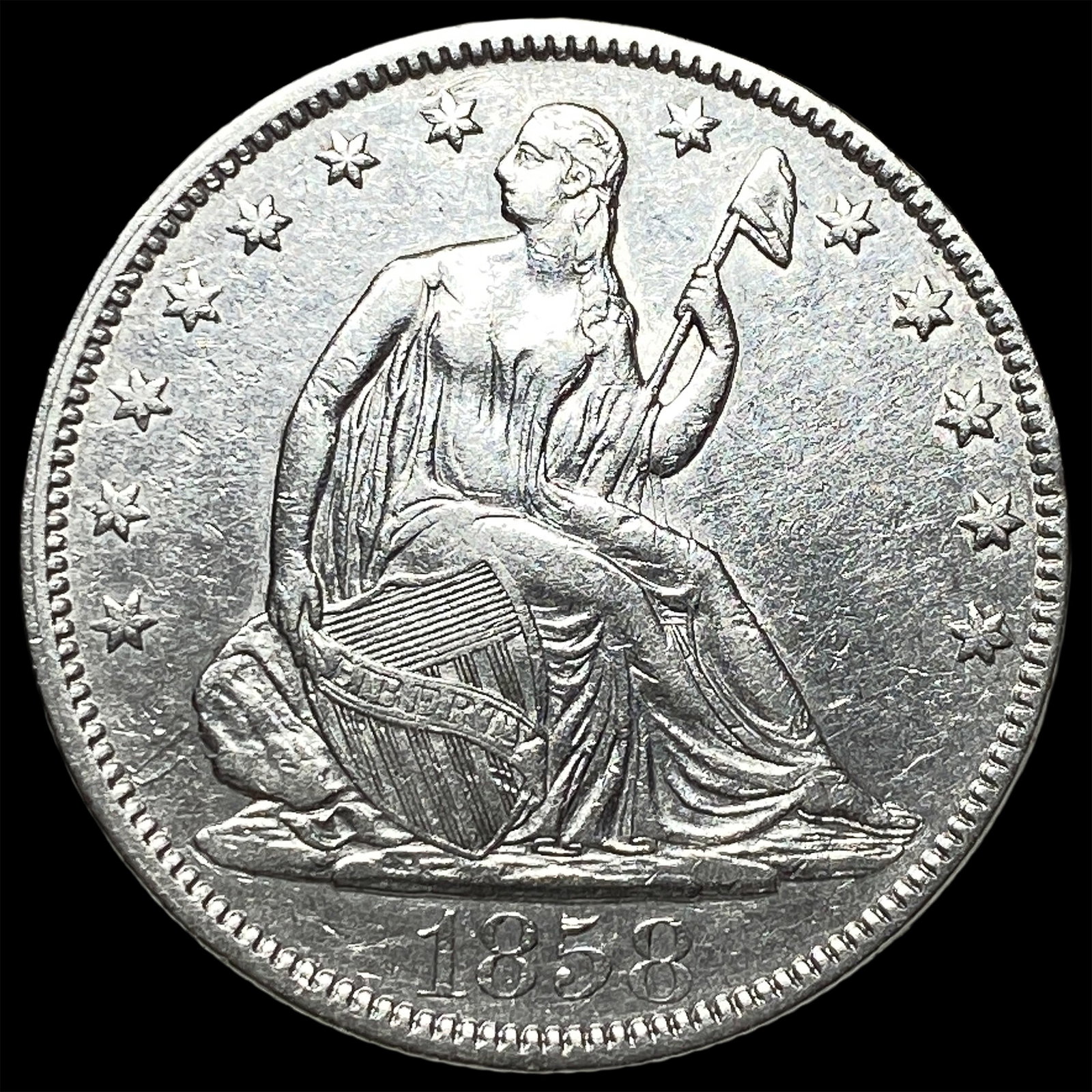 1858 Seated Liberty Half Dollar CLOSELY UNCIRCULATED: 1858 Seated Liberty Half Dollar CLOSELY UNCIRCULATED