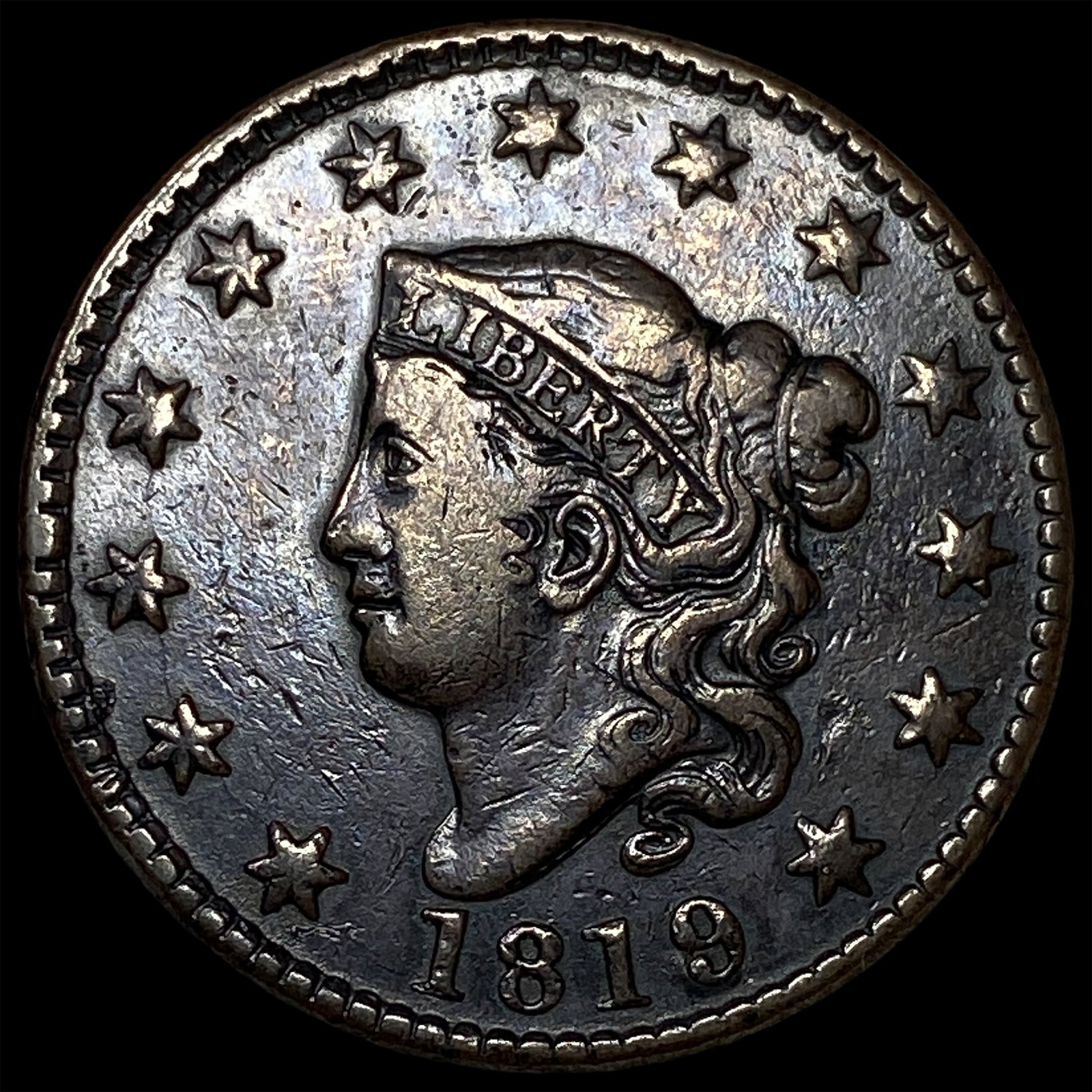 1819 Coronet Head Large Cent NEARLY UNCIRCULATED: 1819 Coronet Head Large Cent NEARLY UNCIRCULATED