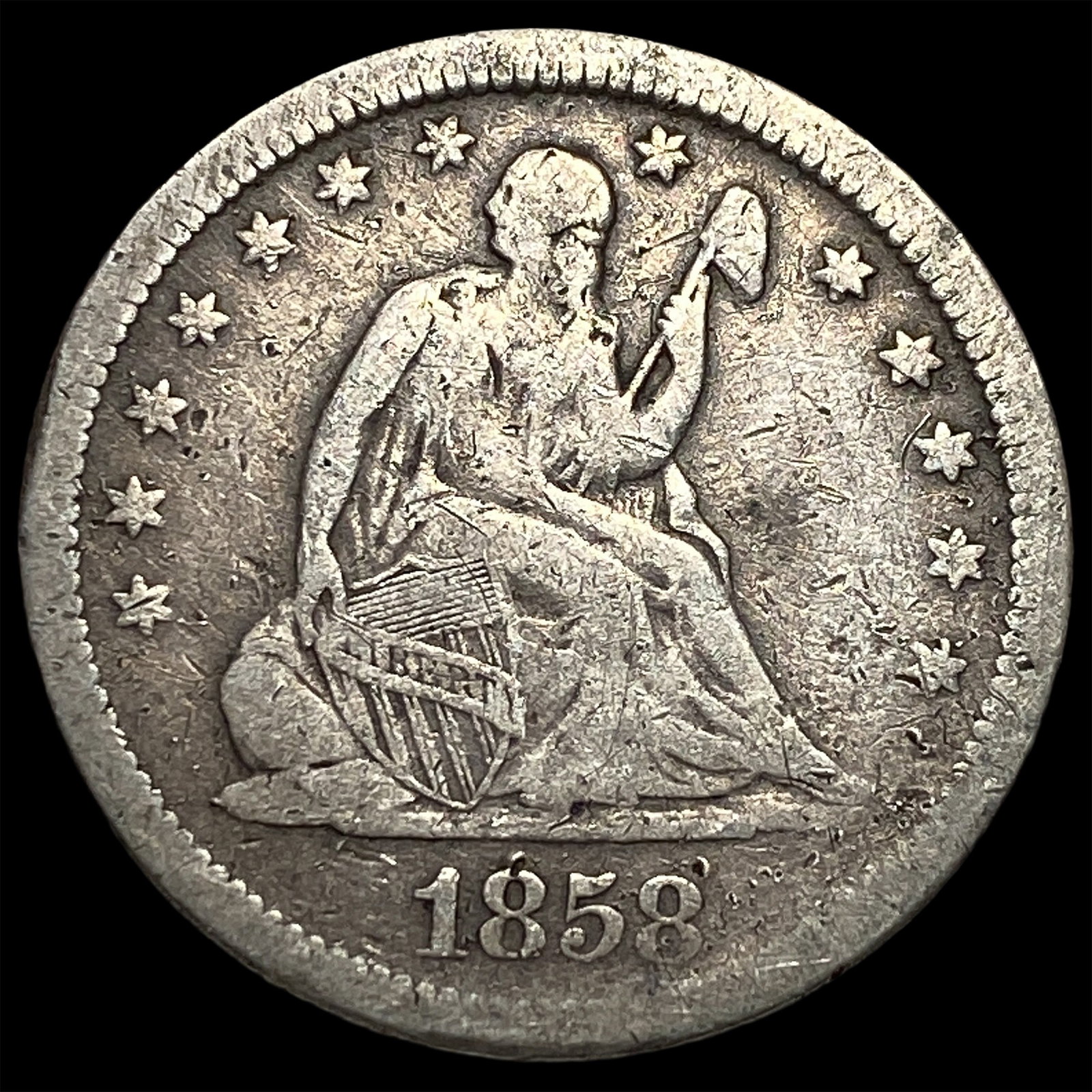 1858 Silver Seated Liberty Quarter NEARLY UNCIRCULATED: 1858 Silver Seated Liberty Quarter NEARLY UNCIRCULATED