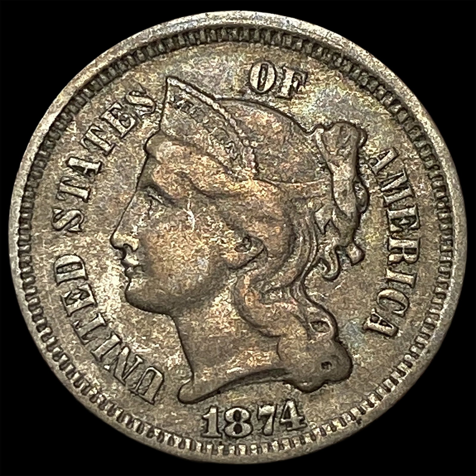 1874 Nickel Three-Cent Piece ABOUT UNCIRCULATED: 1874 Nickel Three-Cent Piece ABOUT UNCIRCULATED