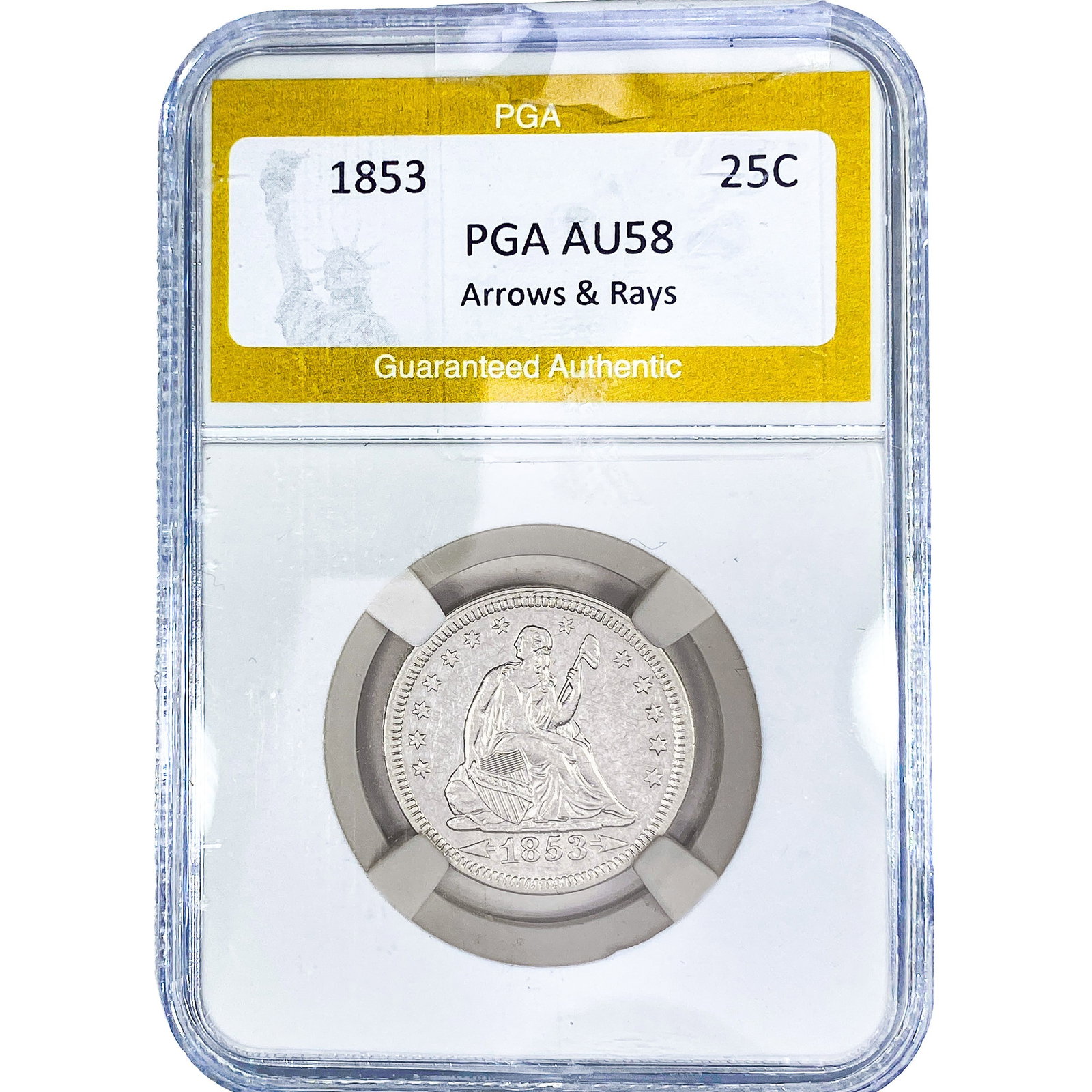 1853 Seated Liberty Quarter PGA AU58 Arrows & Rays: 1853 Seated Liberty Quarter PGA AU58 Arrows & Rays