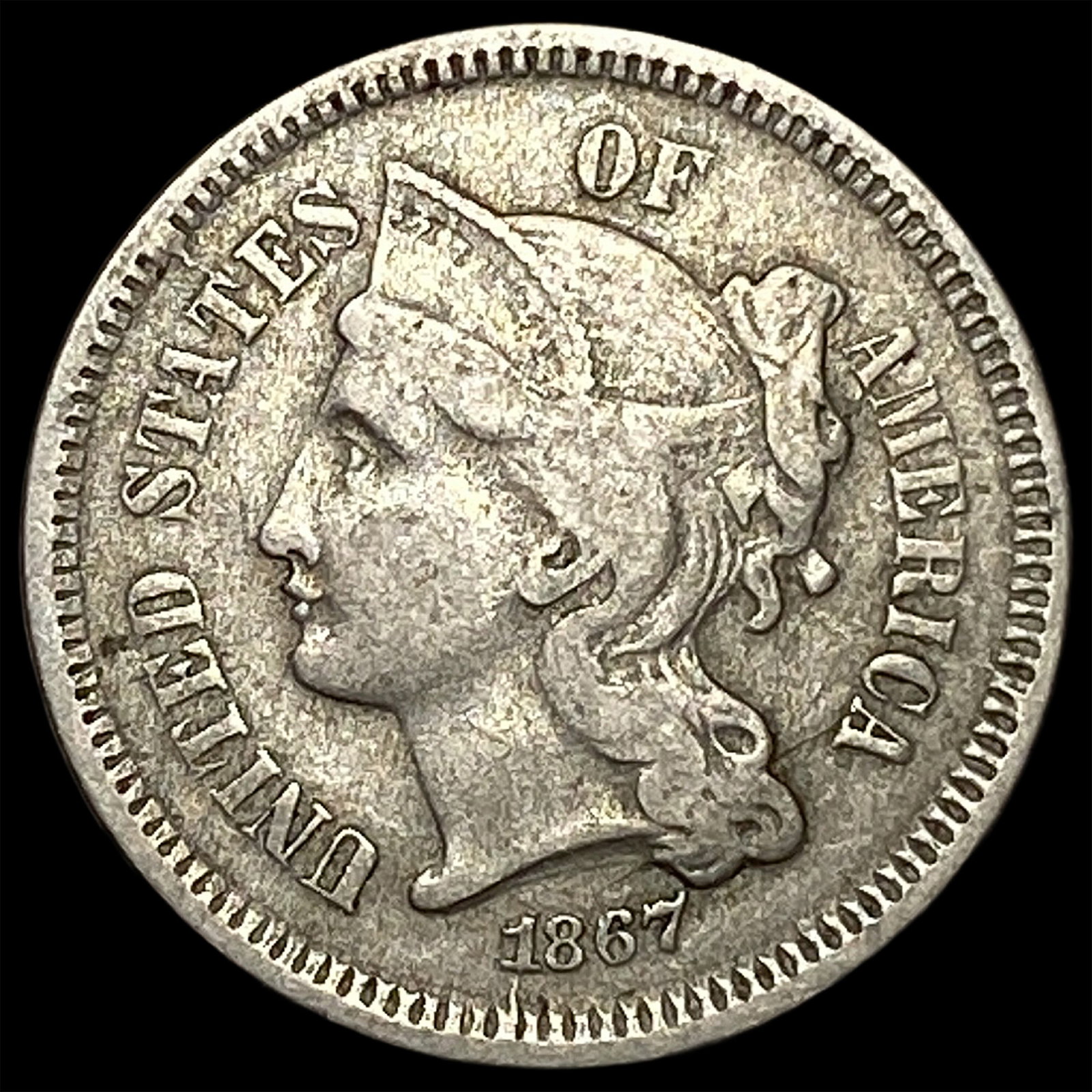 1867 Nickel Three-Cent Piece NEARLY UNCIRCULATED: 1867 Nickel Three-Cent Piece NEARLY UNCIRCULATED