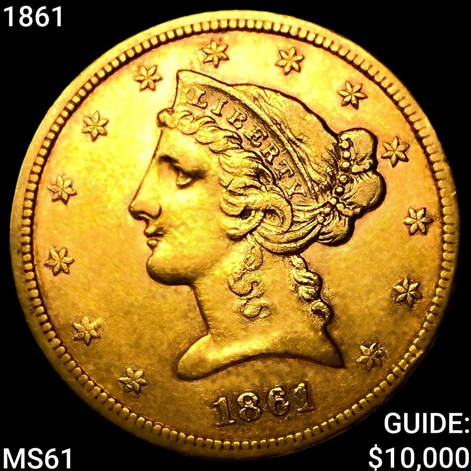 1861 $5 Gold Half Eagle