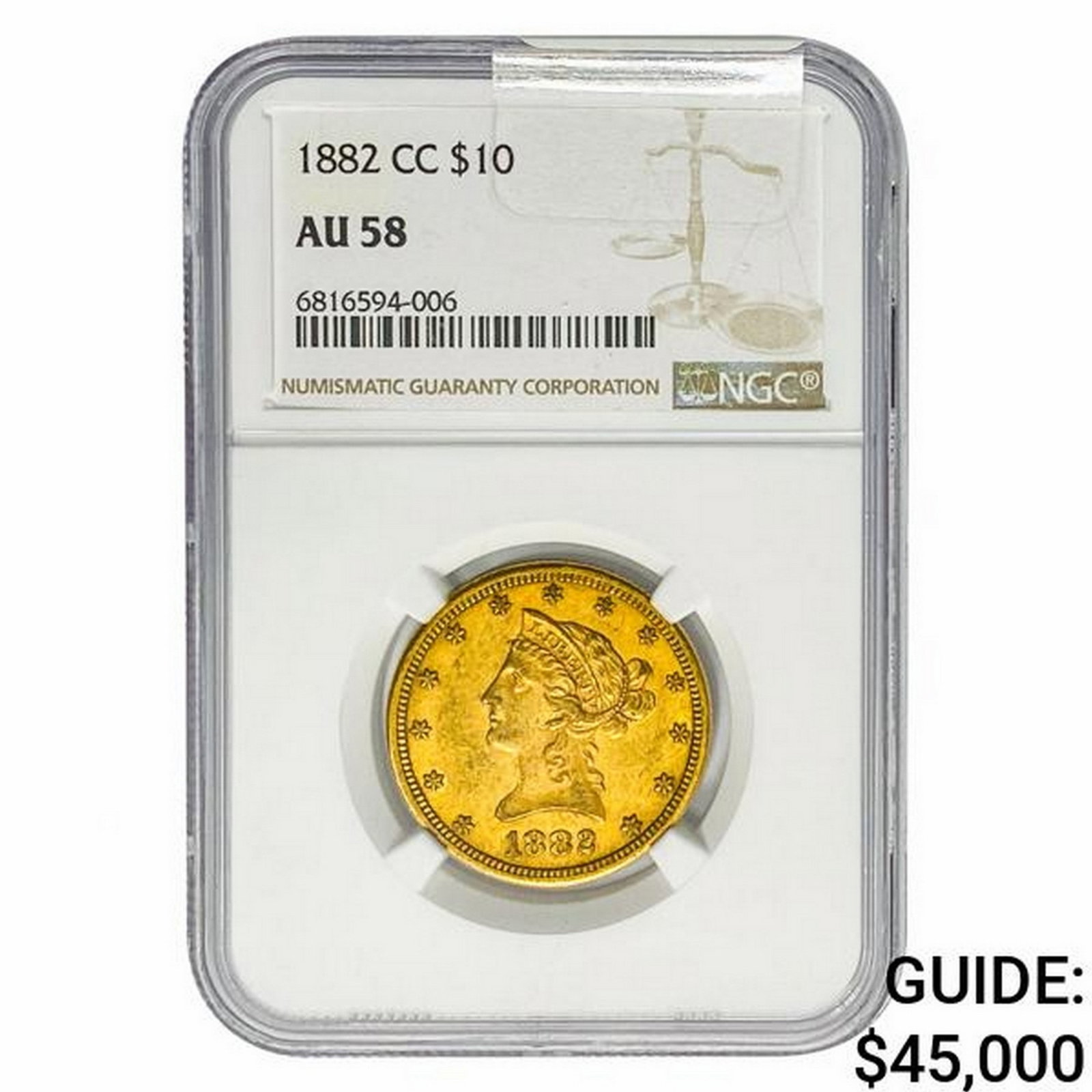 1882-CC $10 Gold Eagle NGC AU58: 1882-CC $10 Gold Eagle NGC AU58