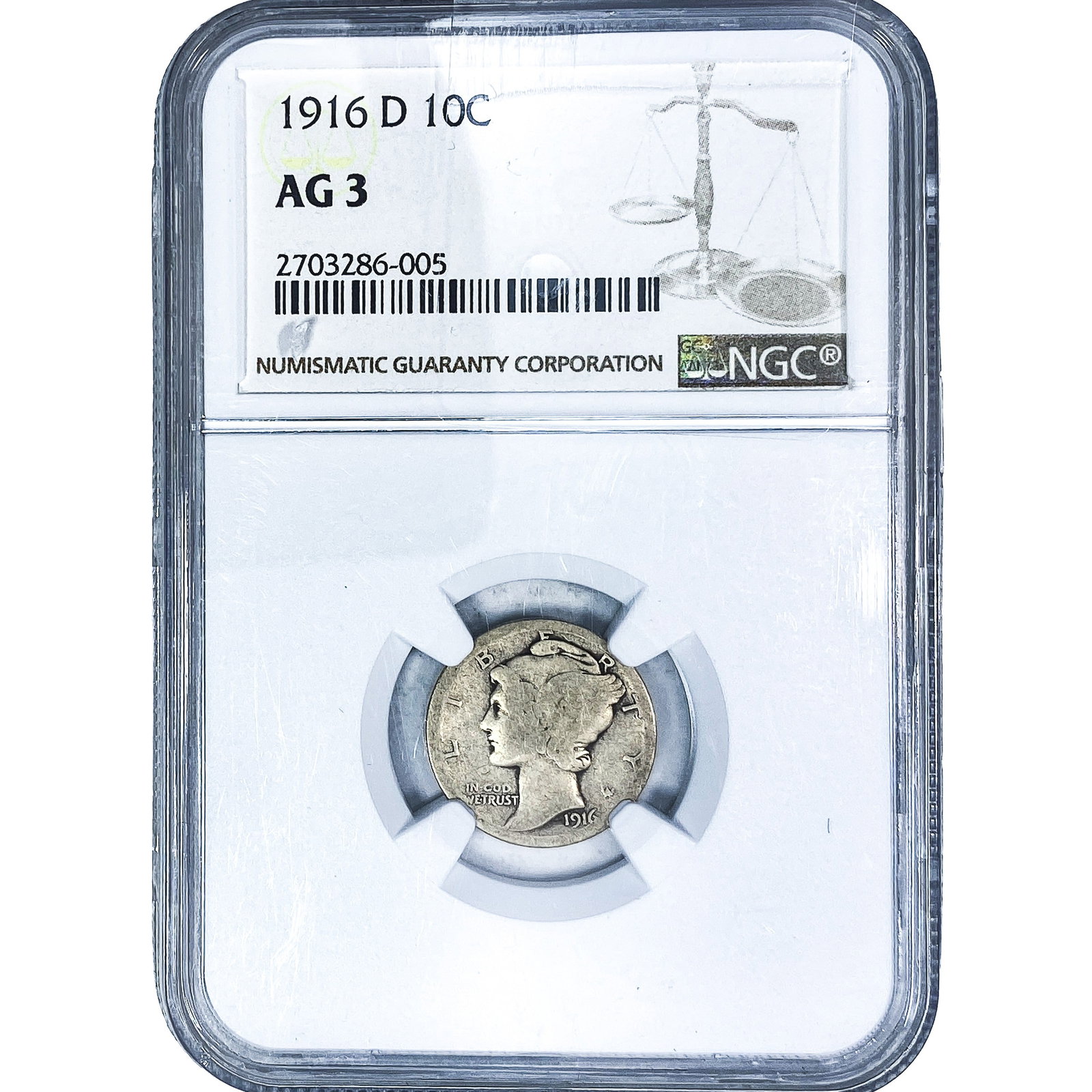 1916-D Mercury Silver Dime NGC AG3: 1916-D Mercury Silver Dime NGC AG3