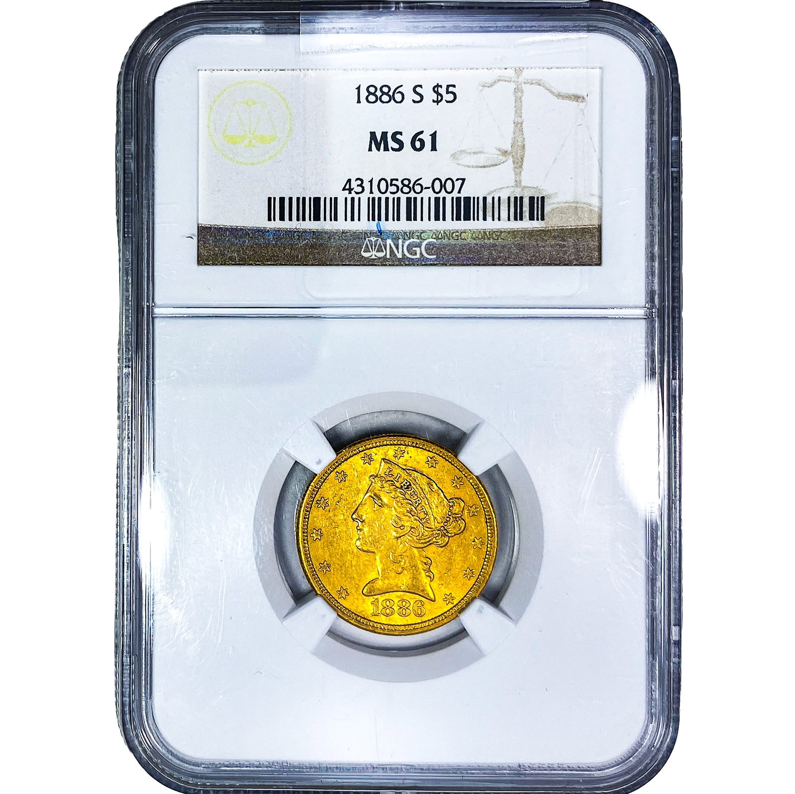 1886-S $5 Gold Half Eagle NGC MS61: 1886-S $5 Gold Half Eagle NGC MS61
