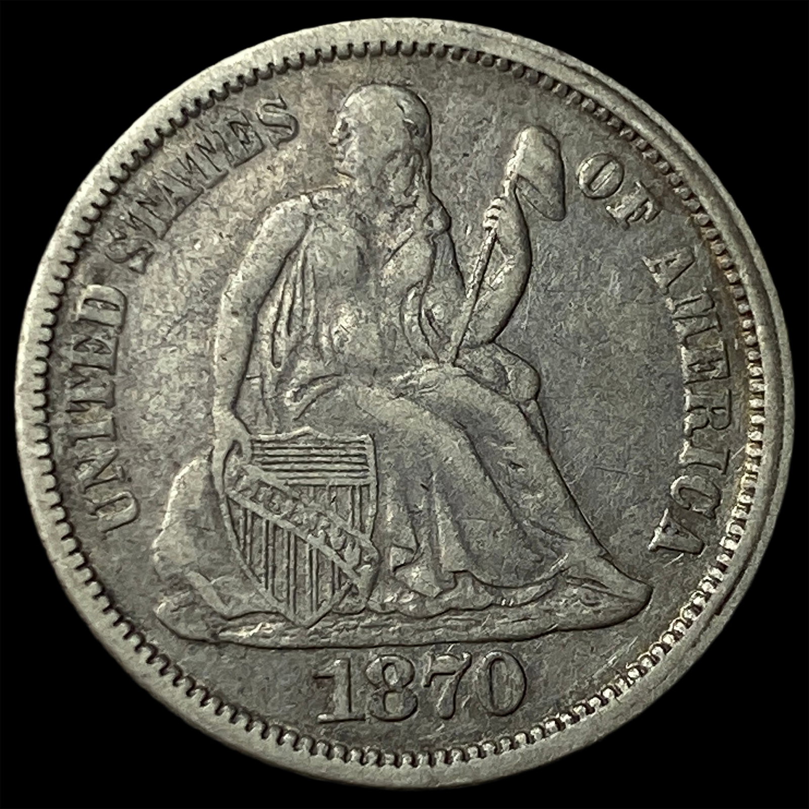 1870-S Silver Seated Liberty Dime NEARLY UNCIRCULATED (1 of 2)