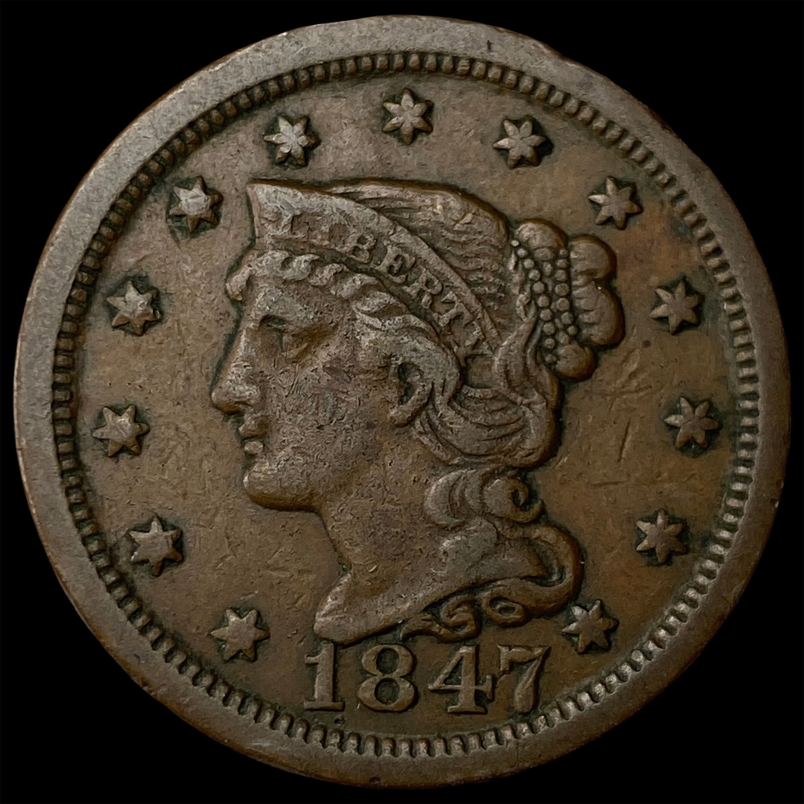 1847 Braided Hair Large Cent NEARLY UNCIRCULATED (1 of 2)