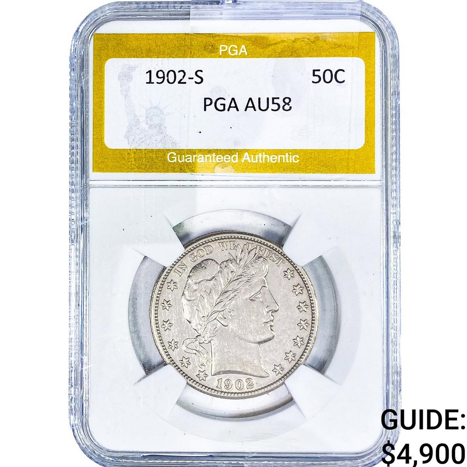 1902-S Barber Half Dollar PGA AU58: 1902-S Barber Half Dollar PGA AU58