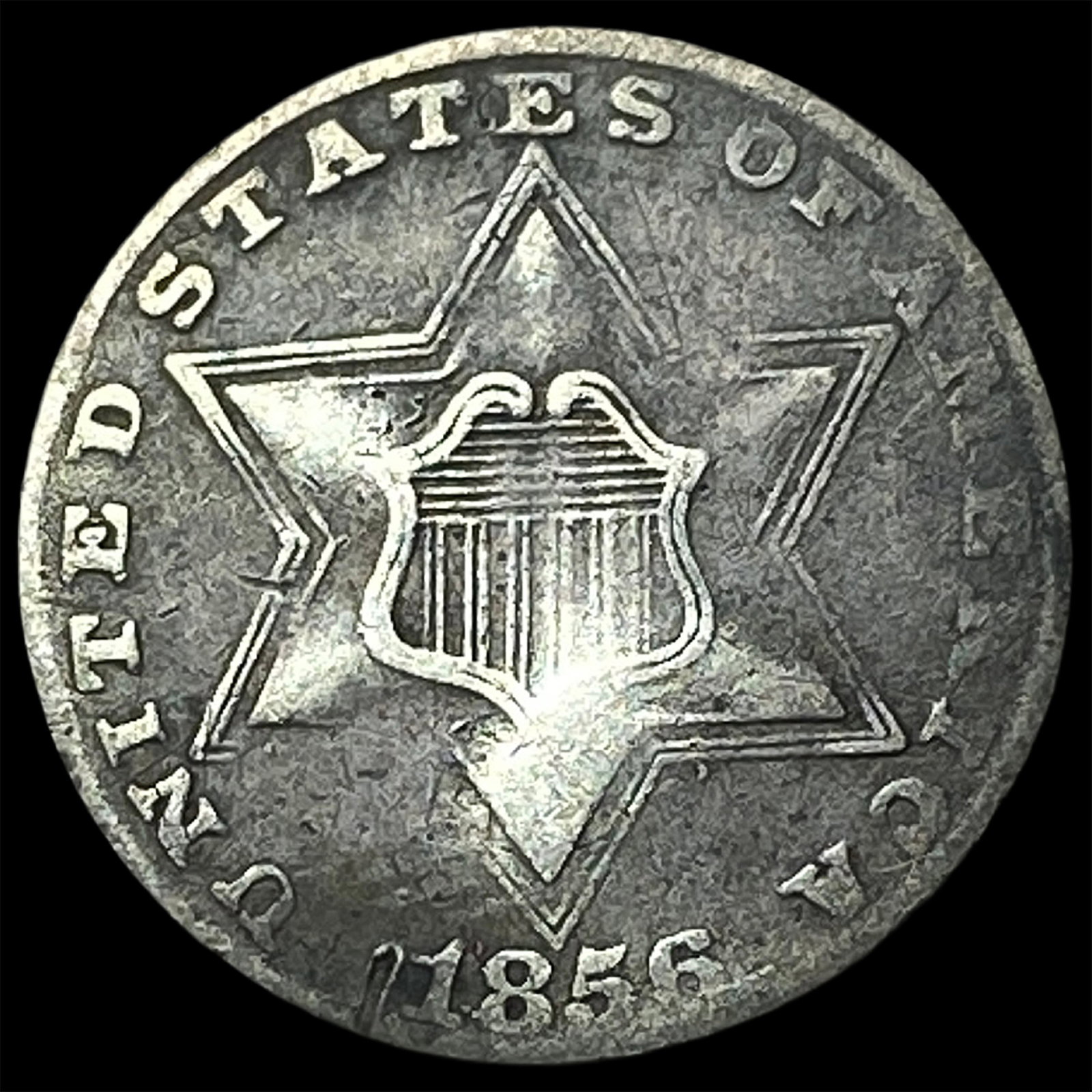 1856 Silver Three-Cent Piece NEARLY UNCIRCULATED: 1856 Silver Three-Cent Piece NEARLY UNCIRCULATED