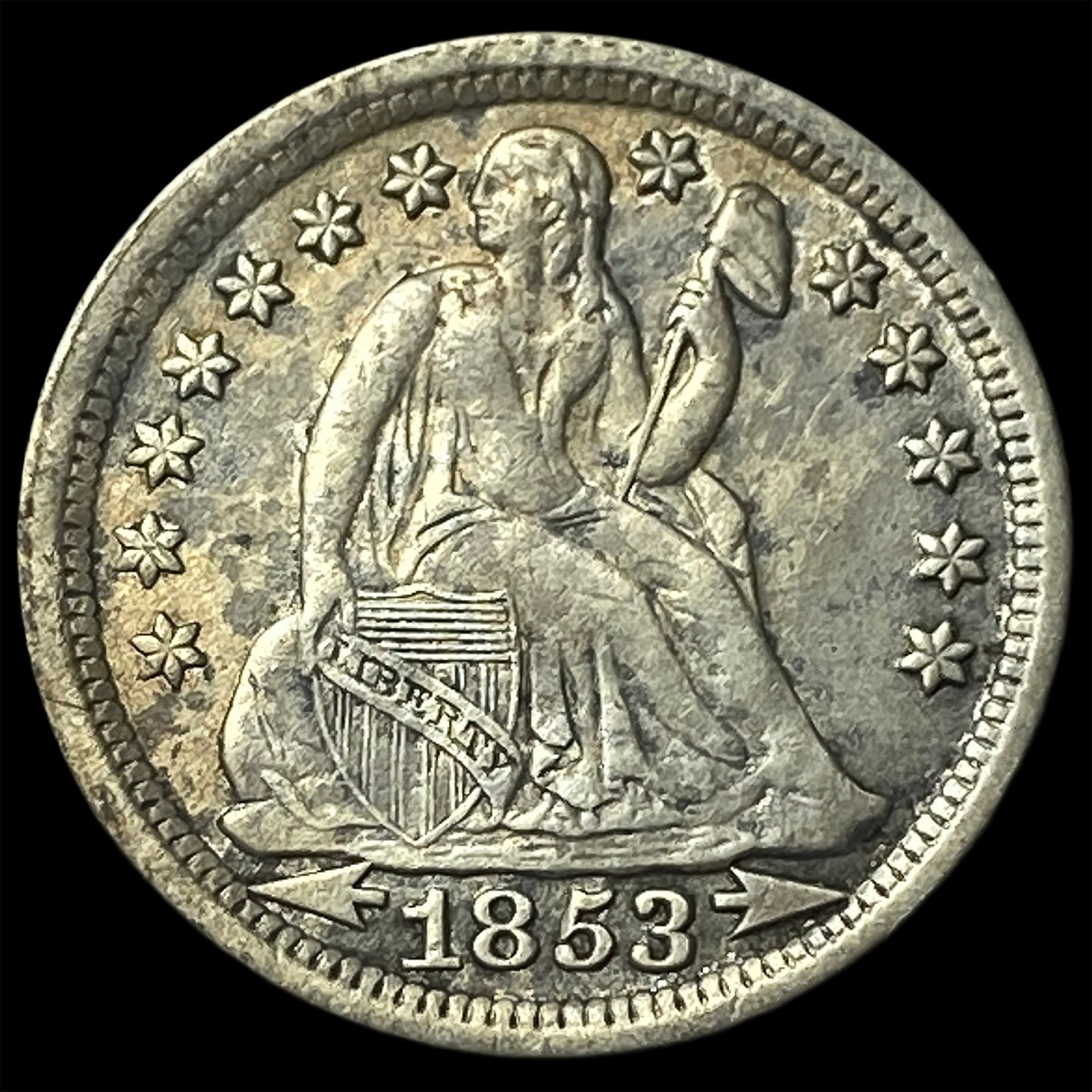 1853 Arrows Seated Liberty Dime NEARLY UNCIRCULATED: 1853 Arrows Seated Liberty Dime NEARLY UNCIRCULATED