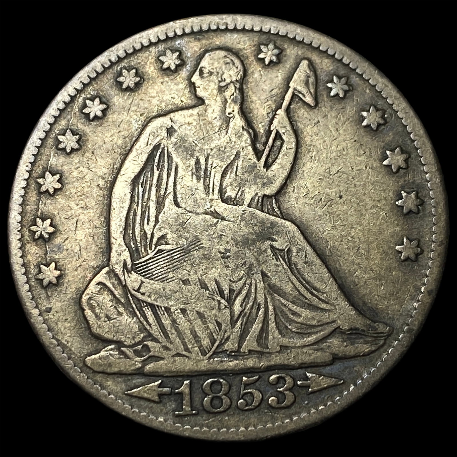 1853 Arrows/Rays Seated Liberty Half Dollar LIGHTLY CIRCULATED: 1853 Arrows/Rays Seated Liberty Half Dollar LIGHTLY CIRCULATED