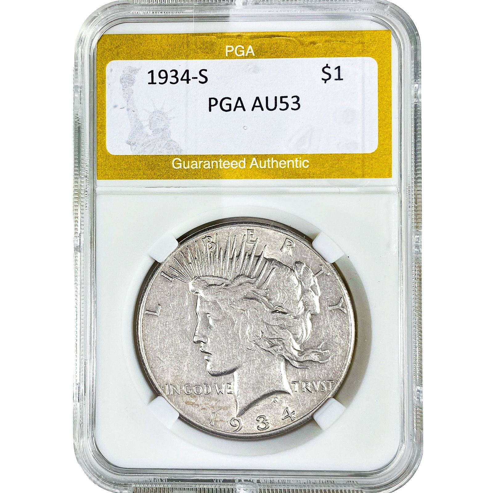 1934-S Silver Peace Dollar PGA AU53: 1934-S Silver Peace Dollar PGA AU53