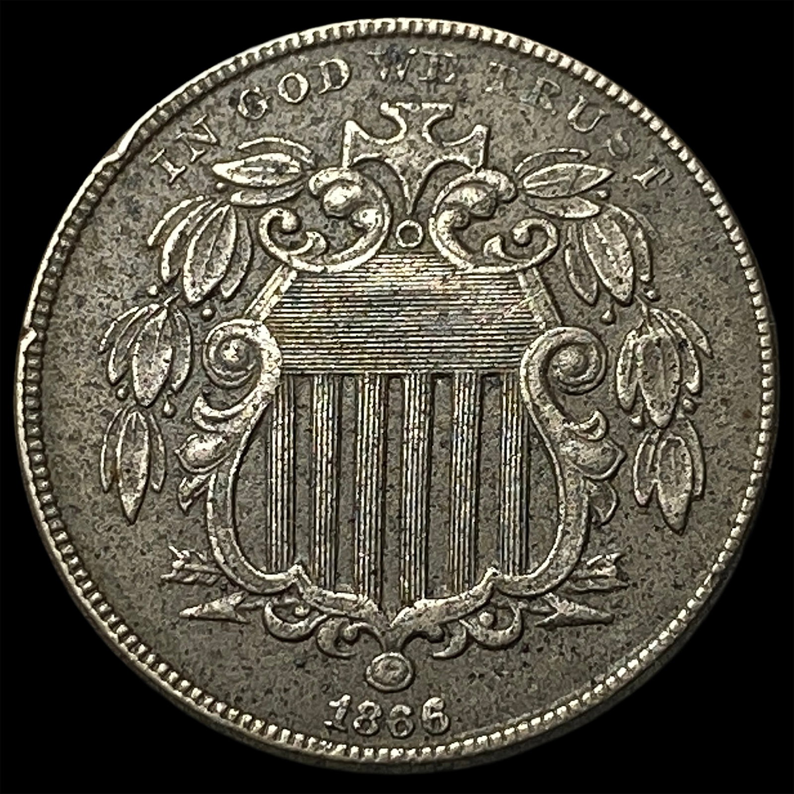 1866 Shield Nickel No Rays NEARLY UNCIRCULATED: 1866 Shield Nickel No Rays NEARLY UNCIRCULATED