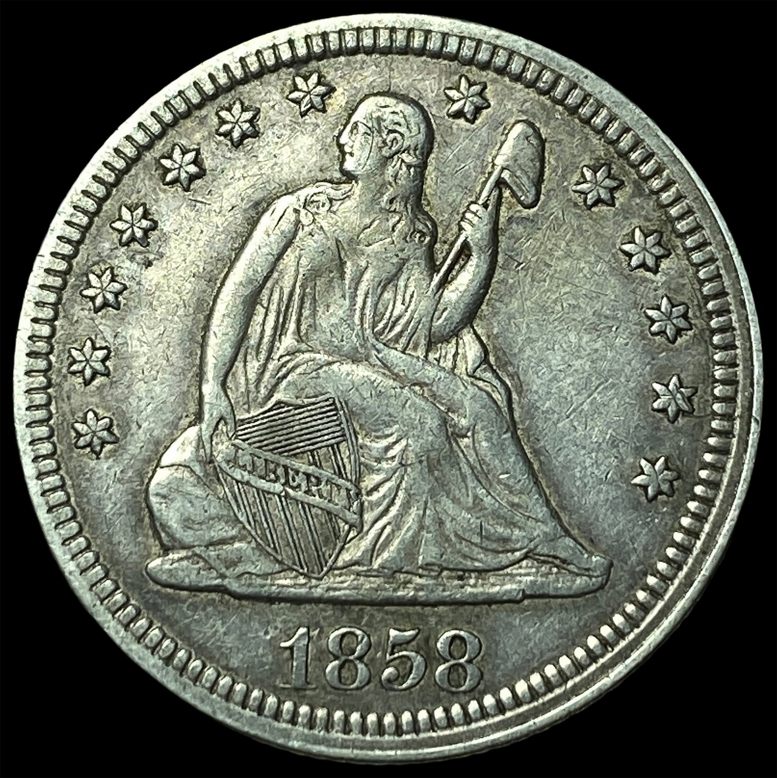 1858 Seated Liberty Silver Quarter NEARLY UNCIRCULATED: 1858 Seated Liberty Silver Quarter NEARLY UNCIRCULATED