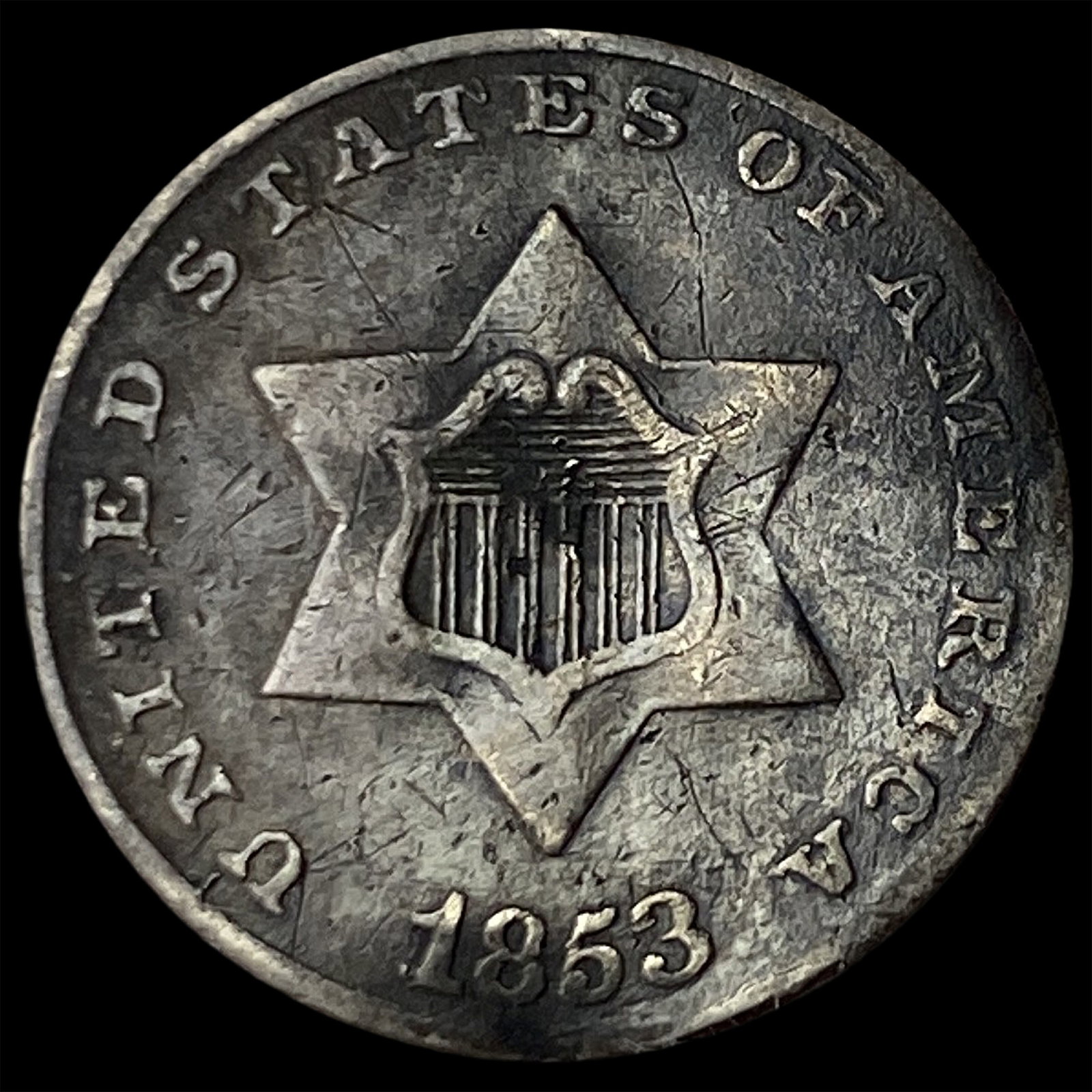 1853 Silver Three-Cent Piece NEARLY UNCIRCULATED: 1853 Silver Three-Cent Piece NEARLY UNCIRCULATED
