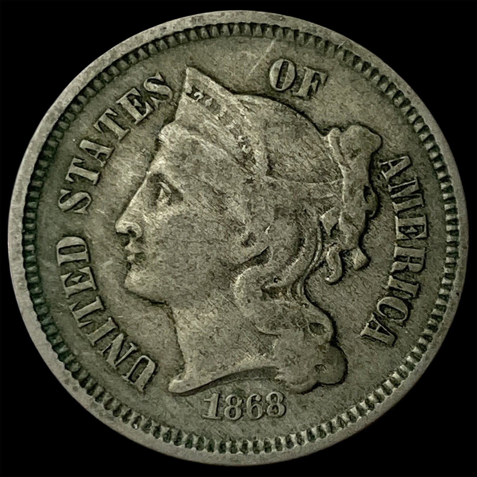 1868 Nickel Three-Cent Piece NEARLY UNCIRCULATED: 1868 Nickel Three-Cent Piece NEARLY UNCIRCULATED