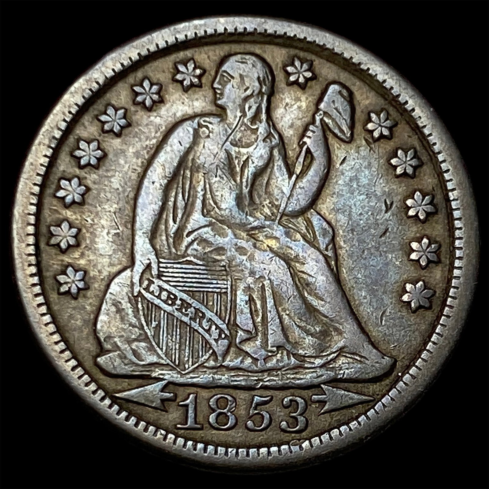 1853 Arrows Seated Liberty Dime NEARLY UNCIRCULATED: 1853 Arrows Seated Liberty Dime NEARLY UNCIRCULATED