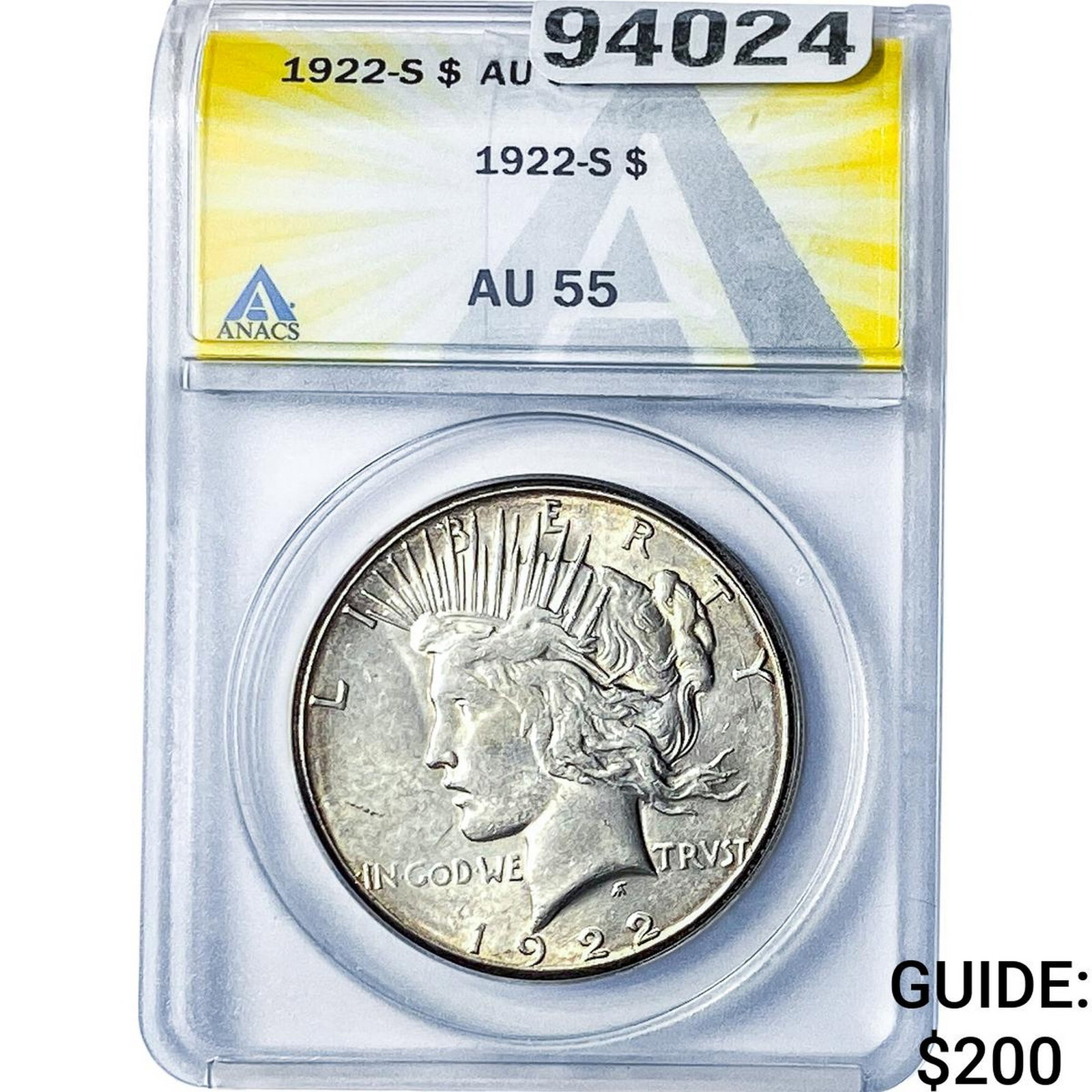1922-S Silver Peace Dollar ANACS AU55: 1922-S Silver Peace Dollar ANACS AU55