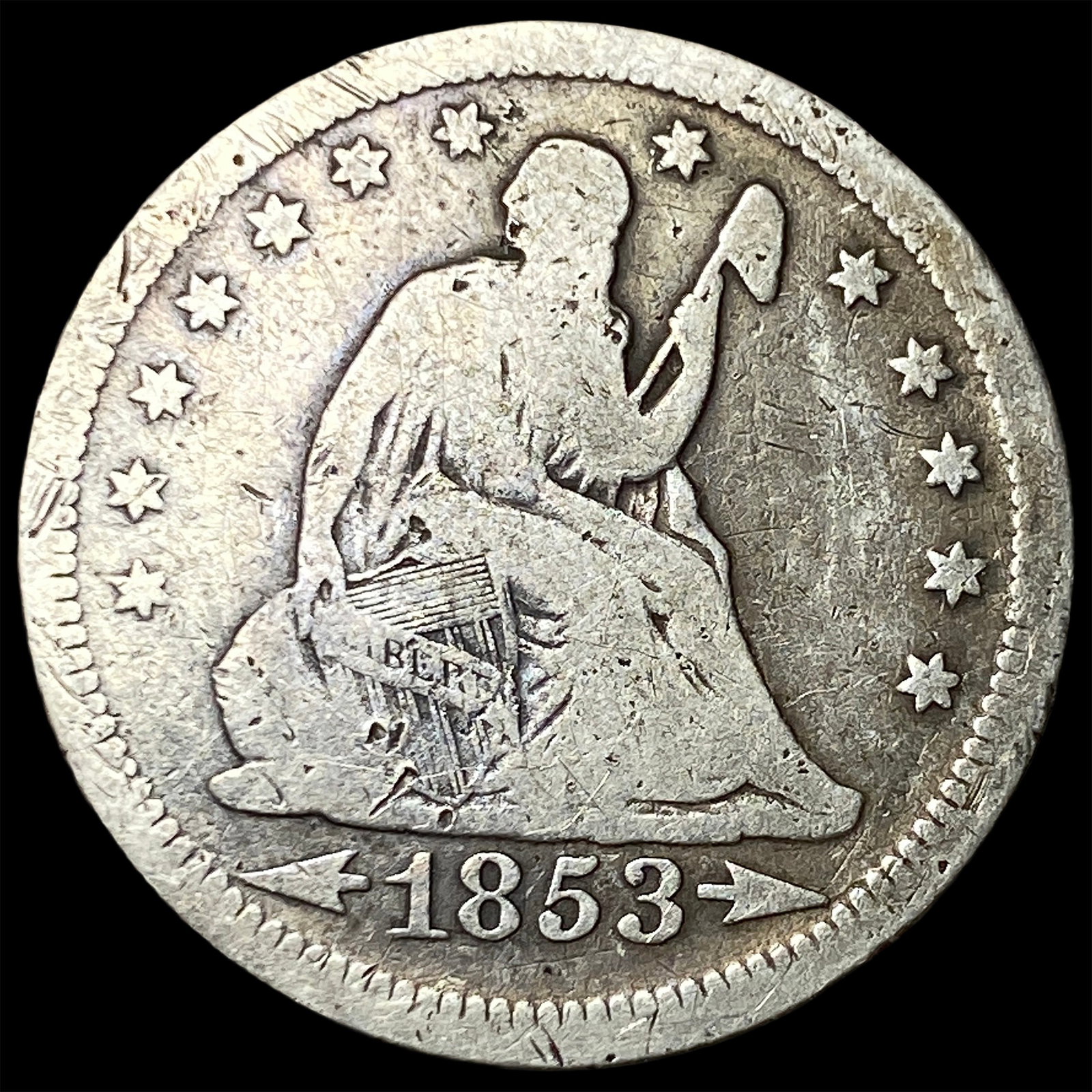 1853 Arrows/Rays Seated Liberty Quarter NICELY CIRCULATED: 1853 Arrows/Rays Seated Liberty Quarter NICELY CIRCULATED