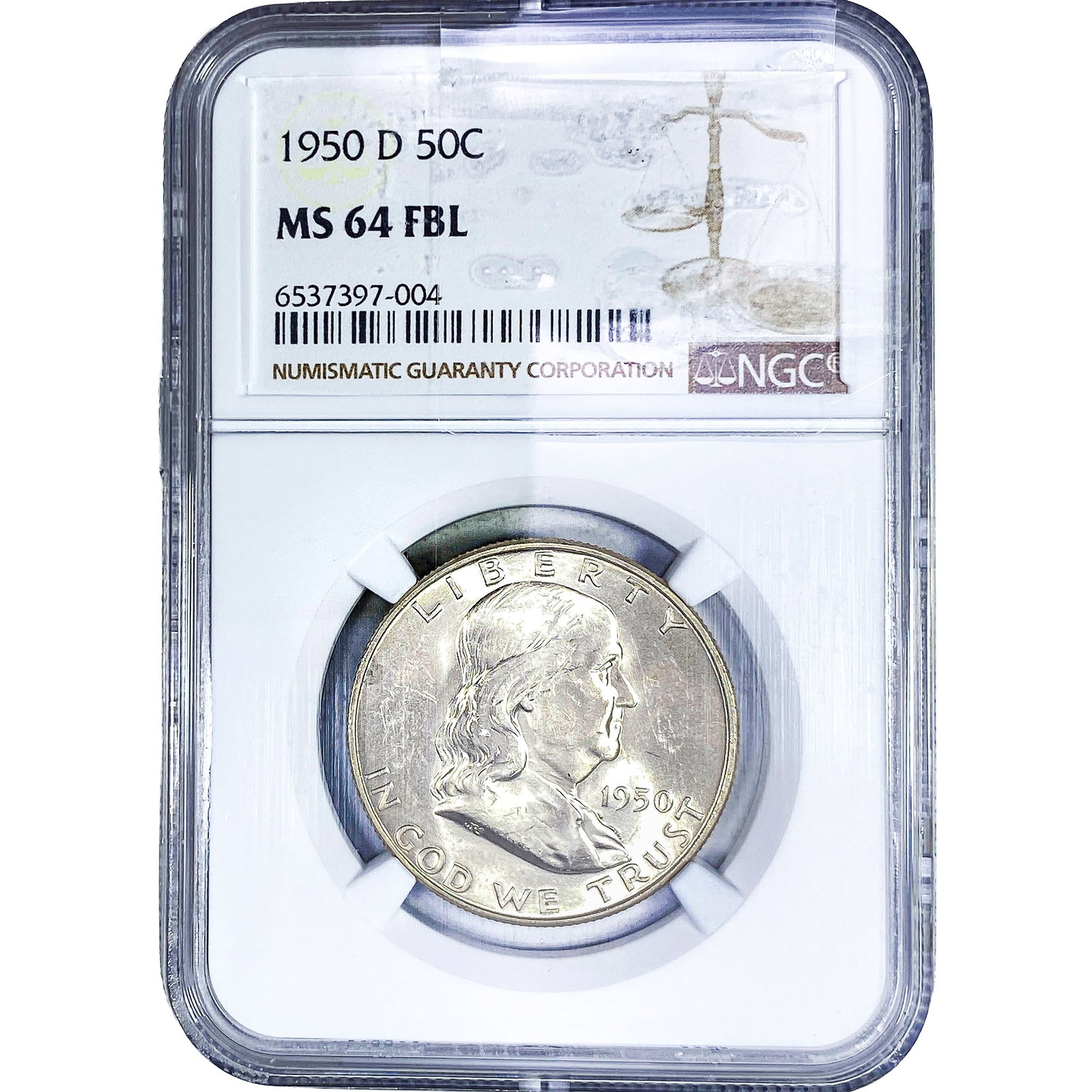 1950-D Franklin Half Dollar NGC MS64 FBL: 1950-D Franklin Half Dollar NGC MS64 FBL