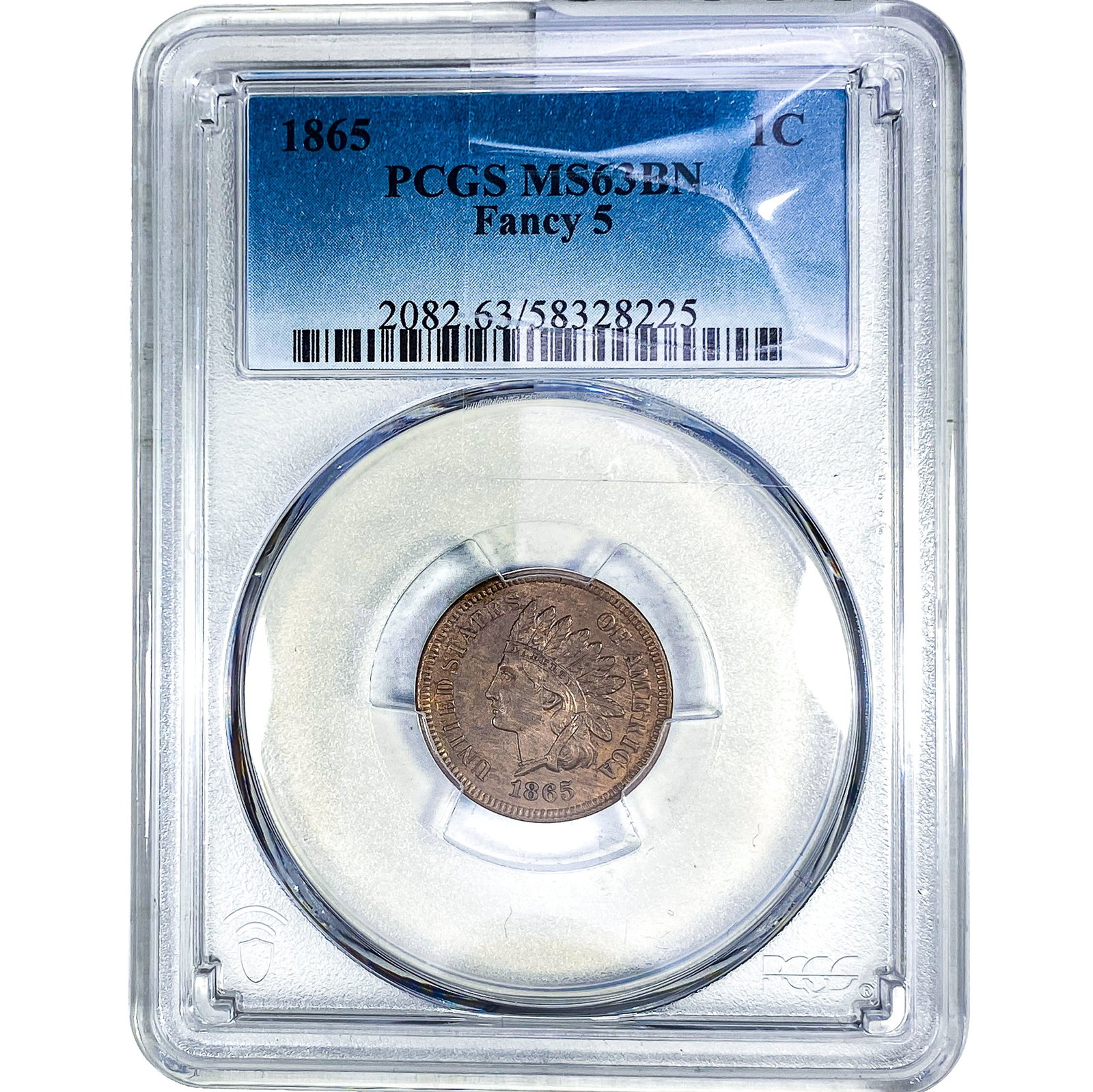1865 Indian Head Cent PCGS MS63 BN Fancy 5: 1865 Indian Head Cent PCGS MS63 BN Fancy 5