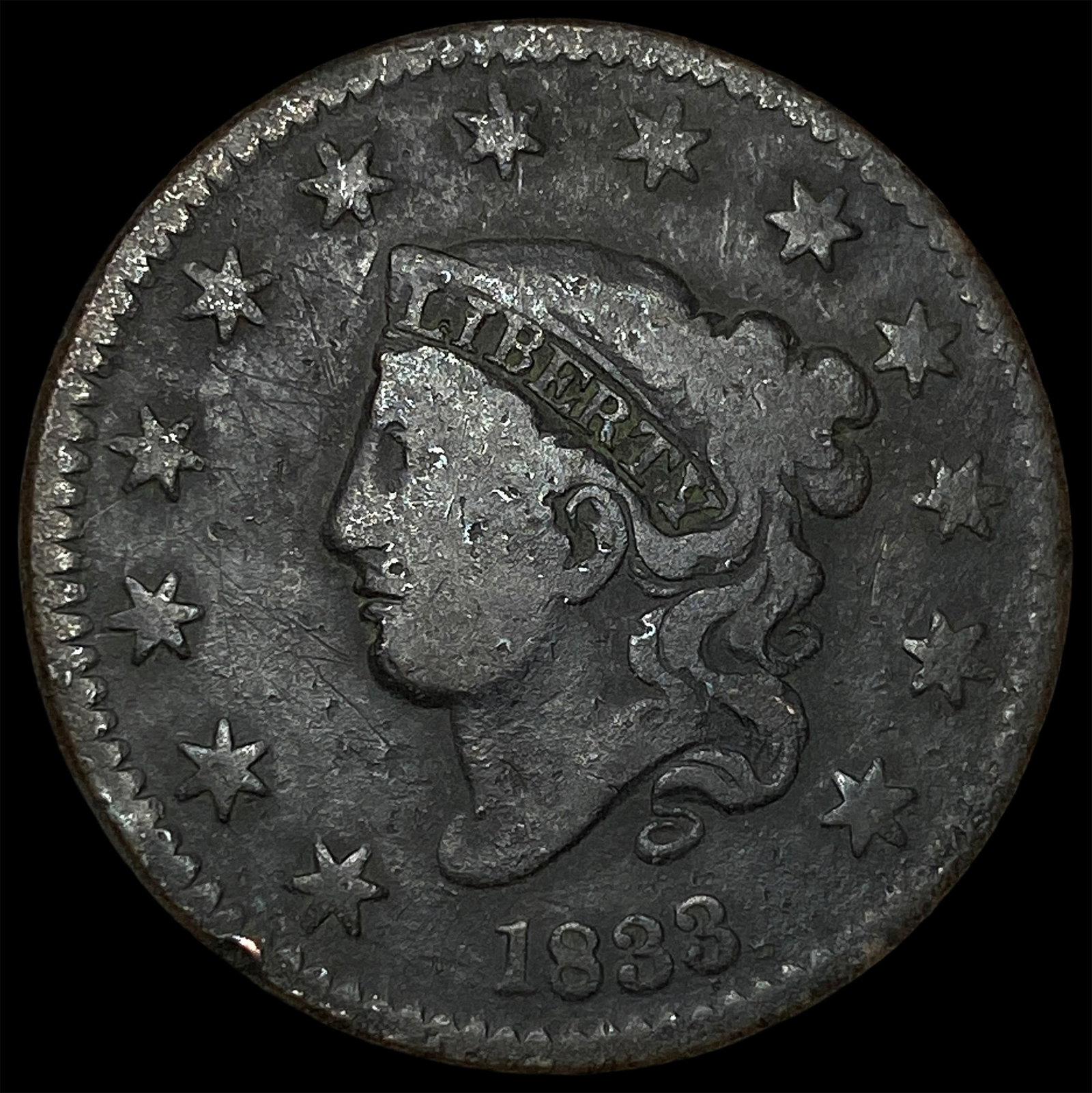 1833 Coronet Head Large Cent NICELY CIRCULATED: 1833 Coronet Head Large Cent NICELY CIRCULATED