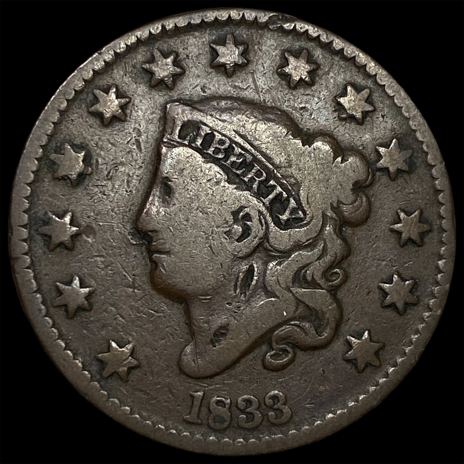 1833 Coronet Head Large Cent NICELY CIRCULATED: 1833 Coronet Head Large Cent NICELY CIRCULATED
