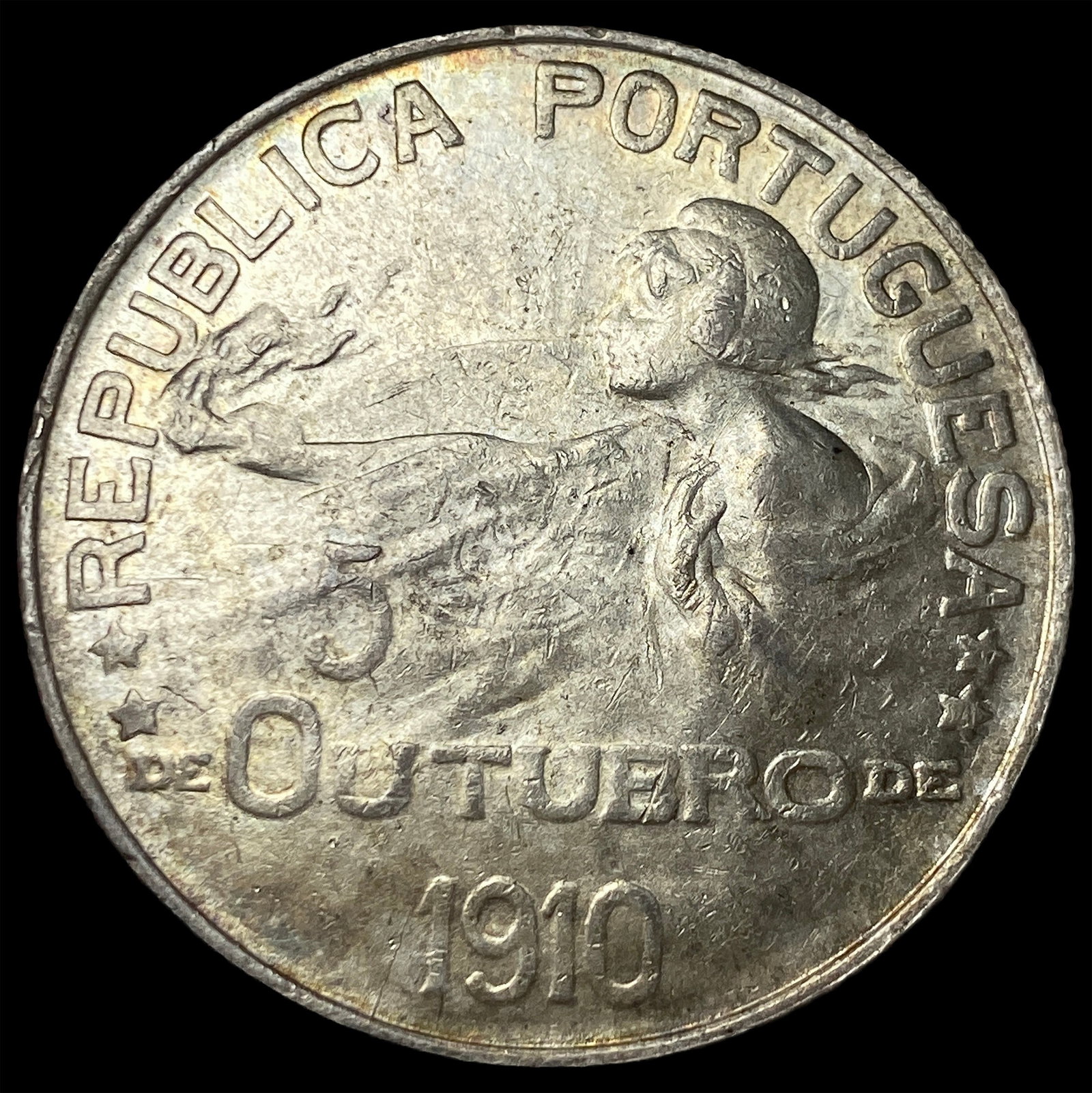 1910 Portugal Silver 1 Escudo CLOSELY UNCIRCULATED: 1910 Portugal Silver 1 Escudo CLOSELY UNCIRCULATED