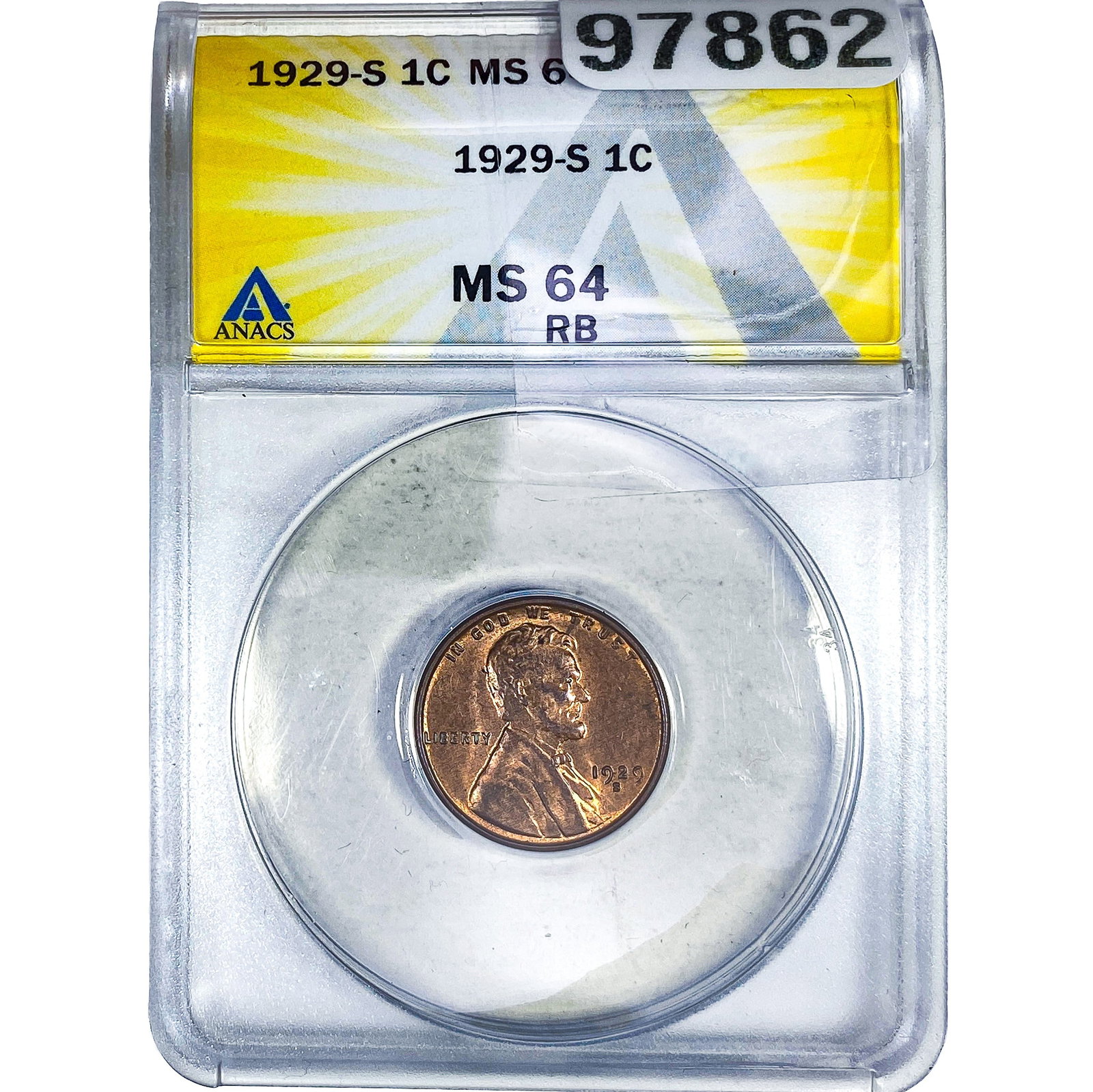 1929-S Wheat Cent ANACS MS64 RB: 1929-S Wheat Cent ANACS MS64 RB