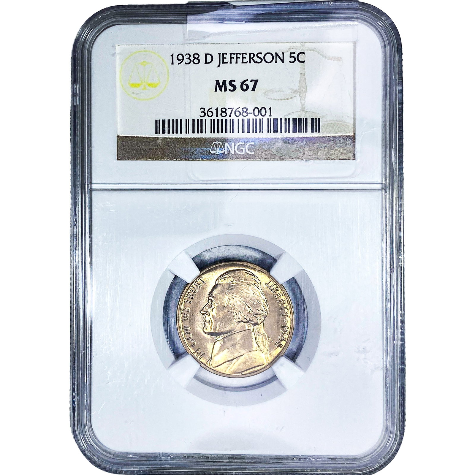 1938-D Jefferson Nickel NGC MS67: 1938-D Jefferson Nickel NGC MS67
