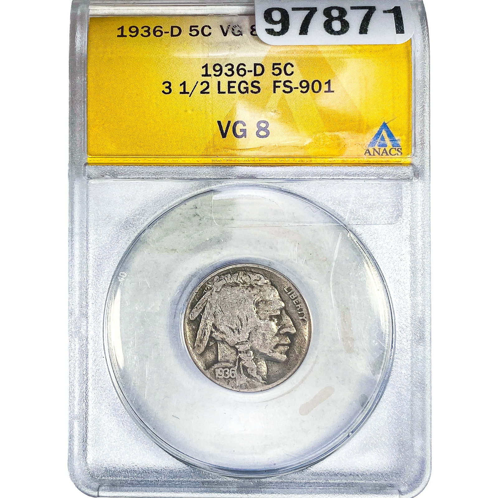 1936-D Buffalo Nickel ANACS VG8: 1936-D Buffalo Nickel ANACS VG8