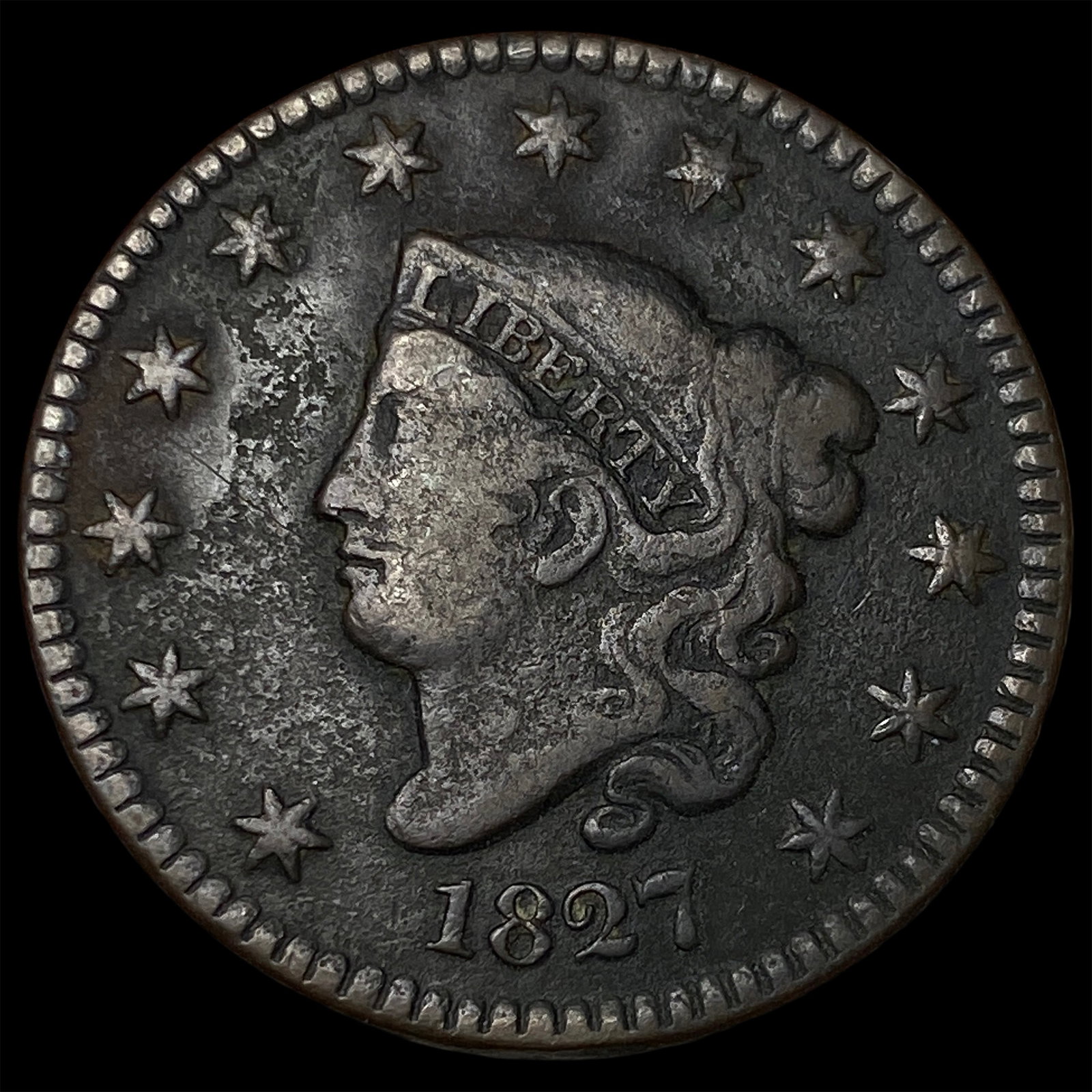 1827 Coronet Head Large Cent NICELY CIRCULATED: 1827 Coronet Head Large Cent NICELY CIRCULATED