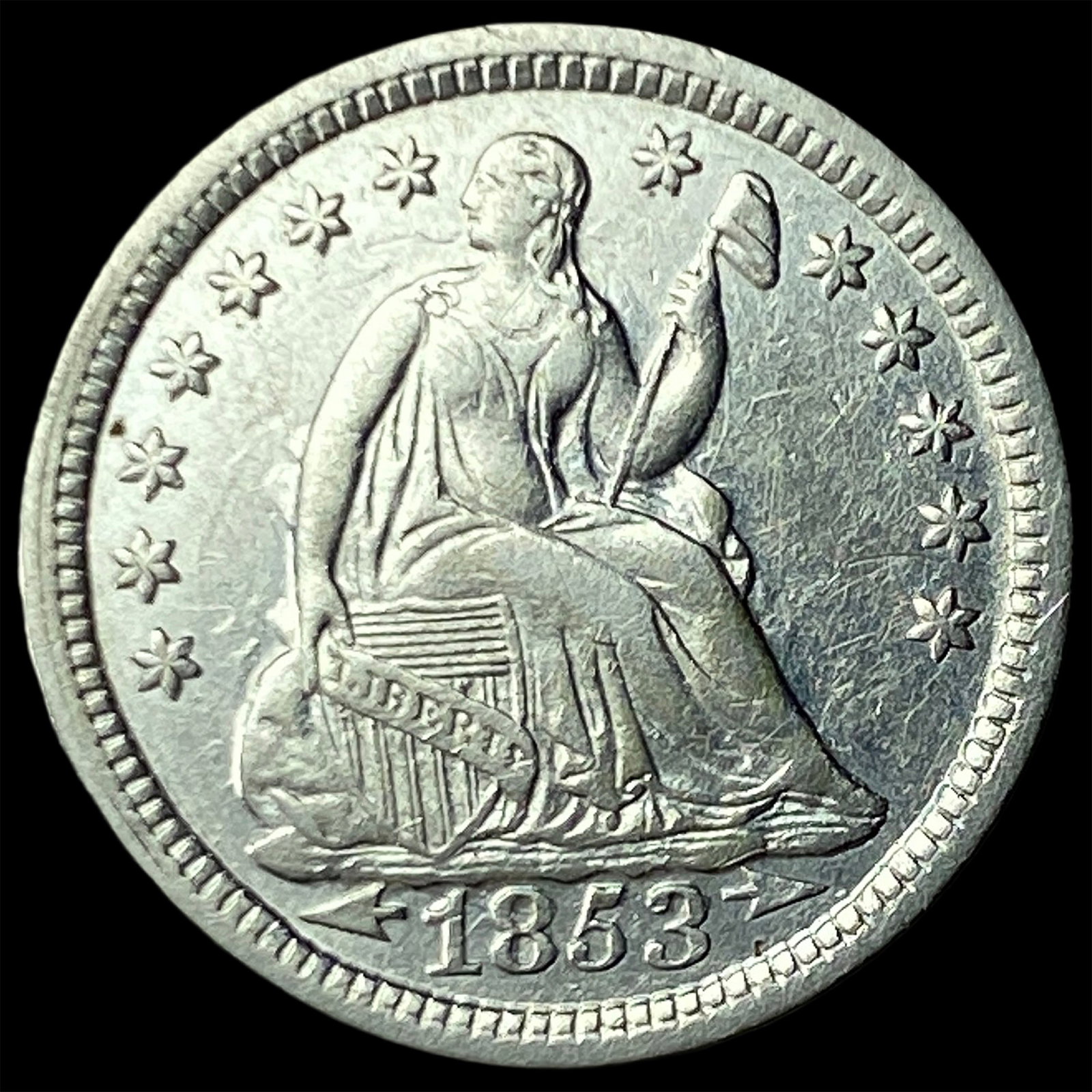 1853 Arrows Silver Seated Liberty Half Dime CLOSELY UNCIRCULATED: 1853 Arrows Silver Seated Liberty Half Dime CLOSELY UNCIRCULATED