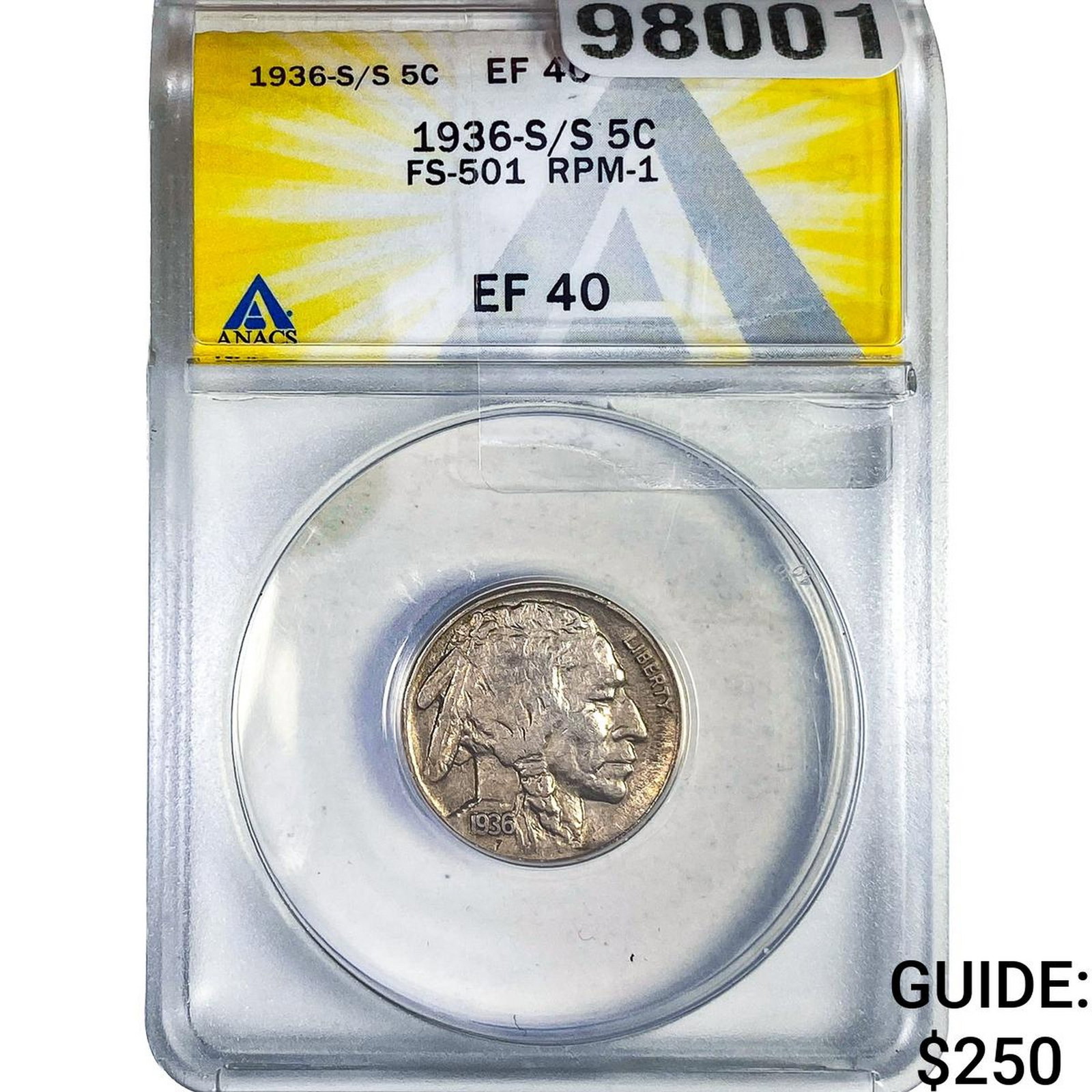1936-S/S Buffalo Nickel ANACS EF40: 1936-S/S Buffalo Nickel ANACS EF40